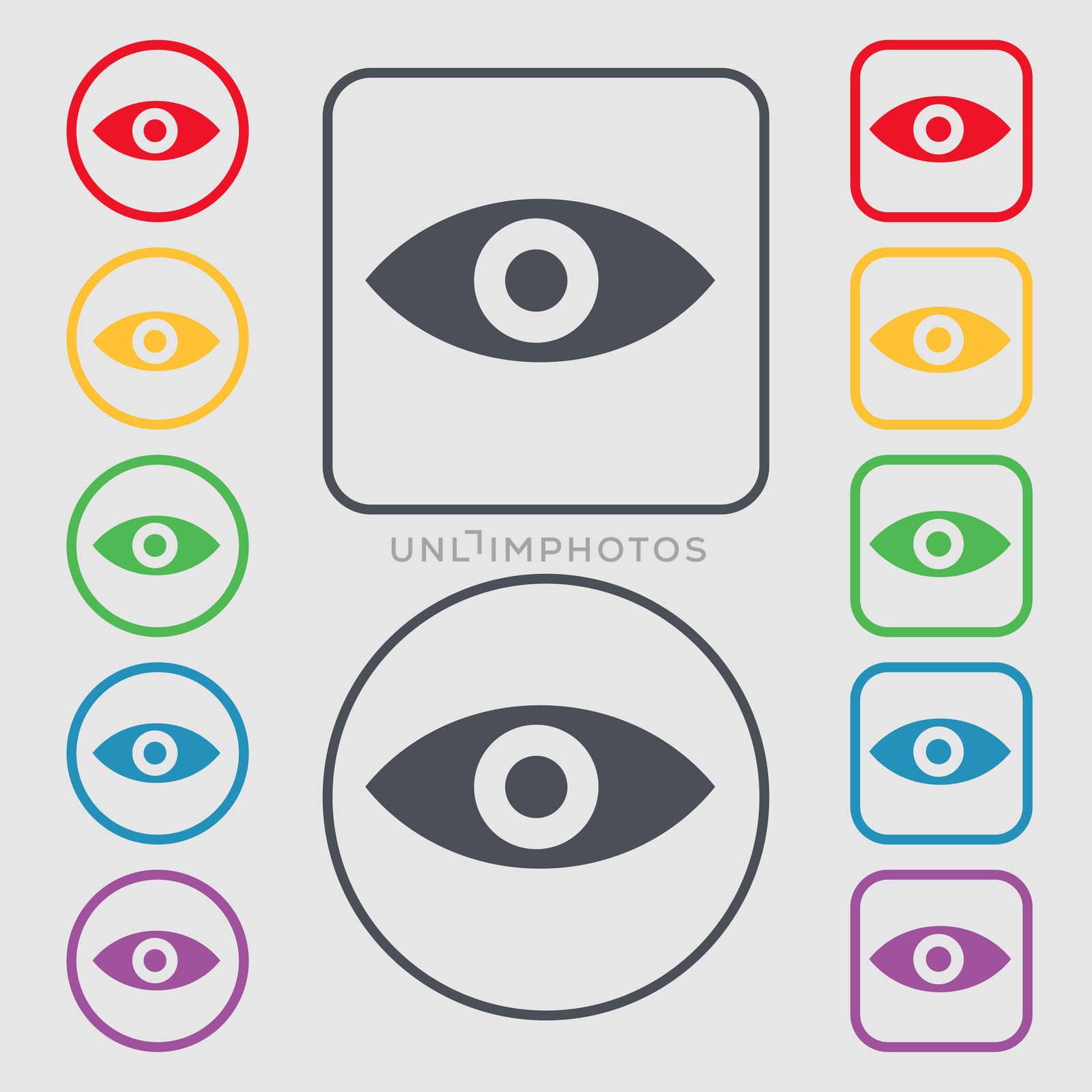 Eye, Publish content, sixth sense, intuition icon sign. symbol on the Round and square buttons with frame. illustration