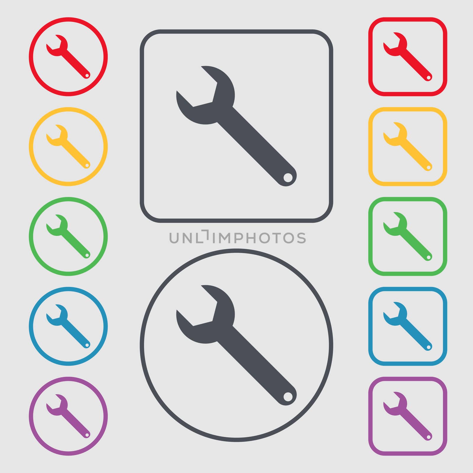 Wrench key sign icon. Service tool symbol. Symbols on the Round and square buttons with frame.  by serhii_lohvyniuk