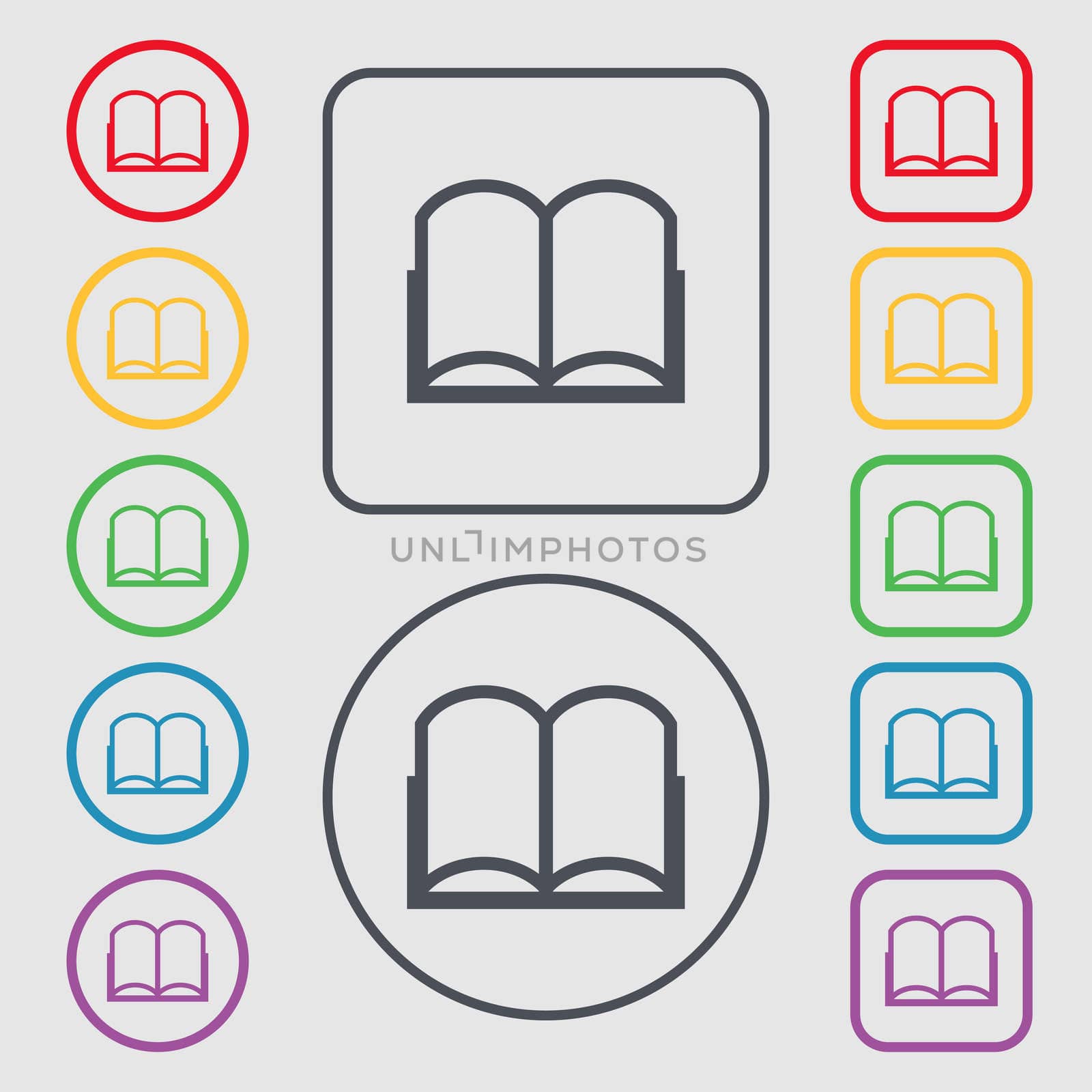 Book sign icon. Open book symbol. Symbols on the Round and square buttons with frame. illustration