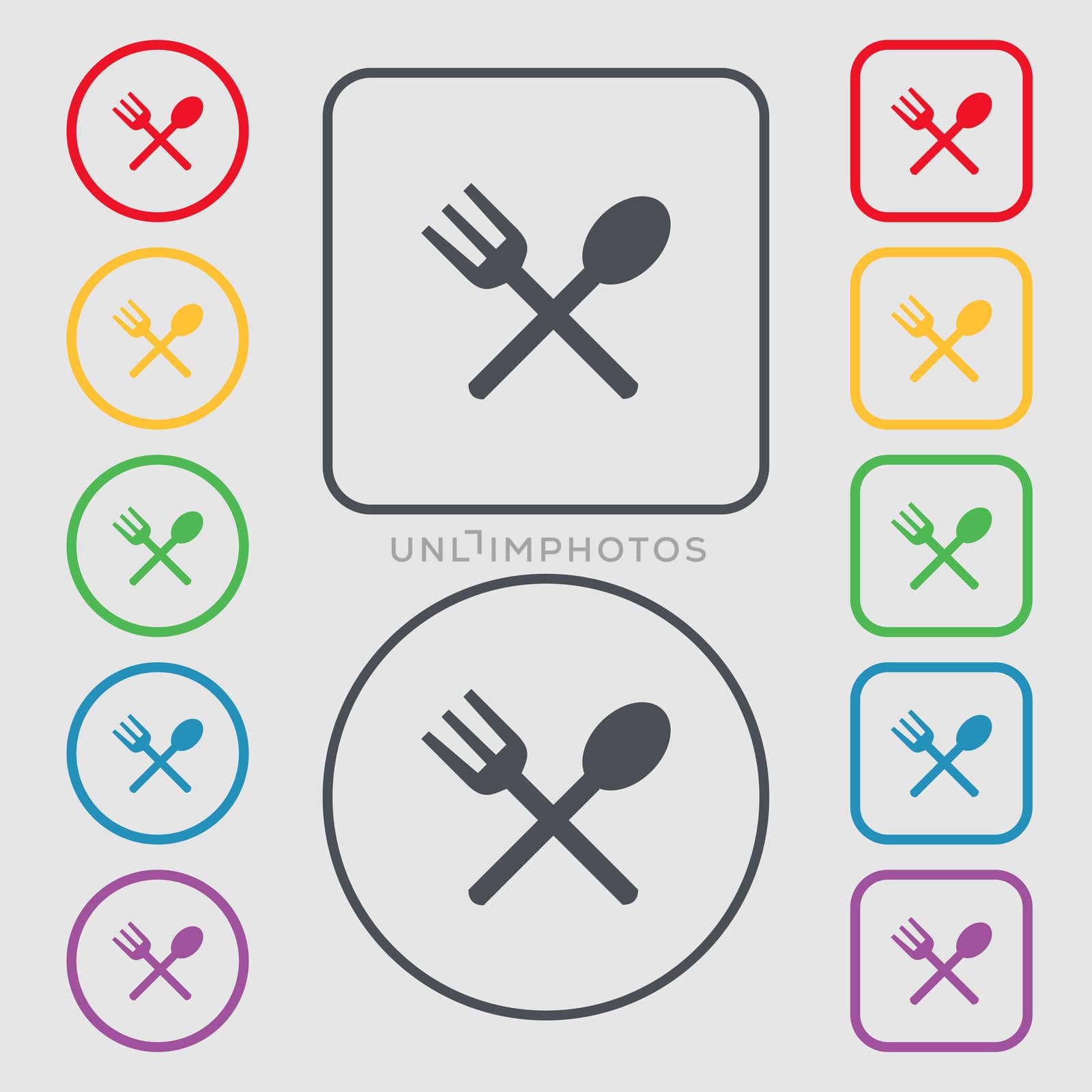 Fork and spoon crosswise, Cutlery, Eat icon sign. Symbols on the Round and square buttons with frame. illustration