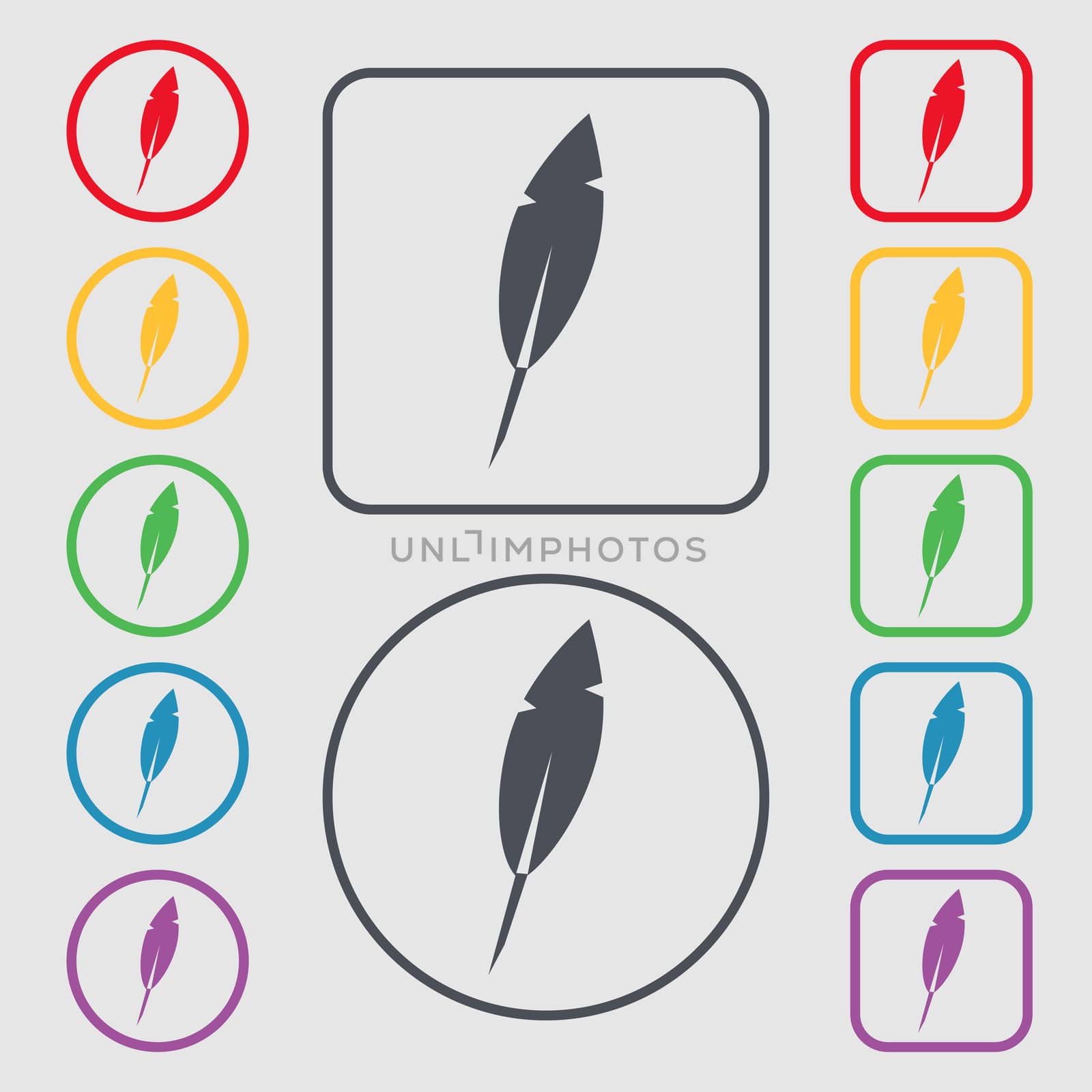 Feather sign icon. Retro pen symbo. Symbols on the Round and square buttons with frame. illustration