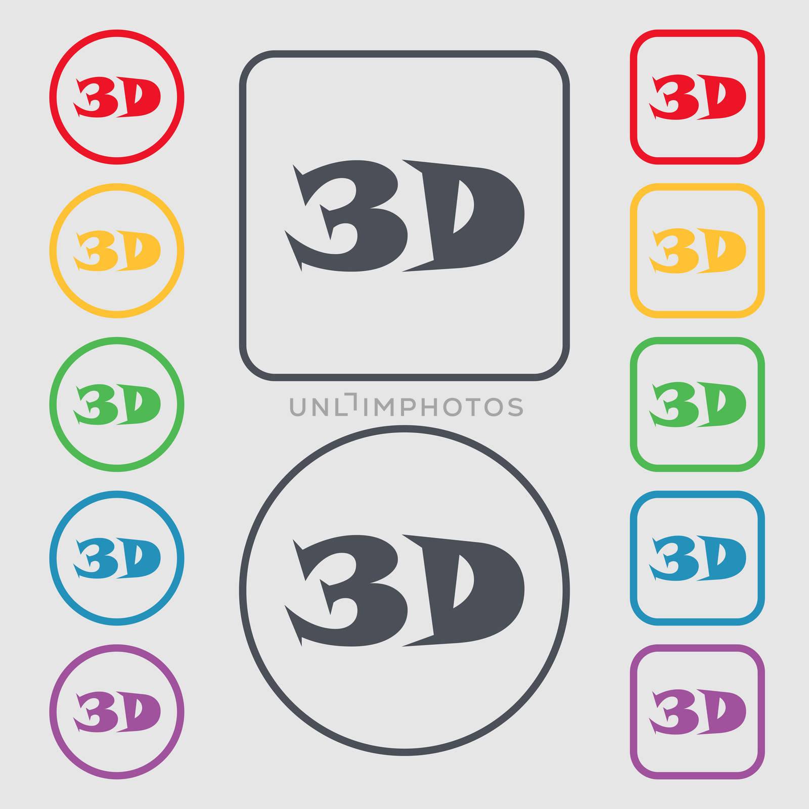 3D sign icon. 3D-New technology symbol. Symbols on the Round and square buttons with frame.  by serhii_lohvyniuk