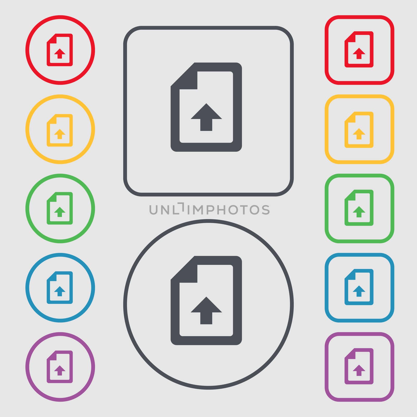 Export, Upload file icon sign. symbol on the Round and square buttons with frame. illustration