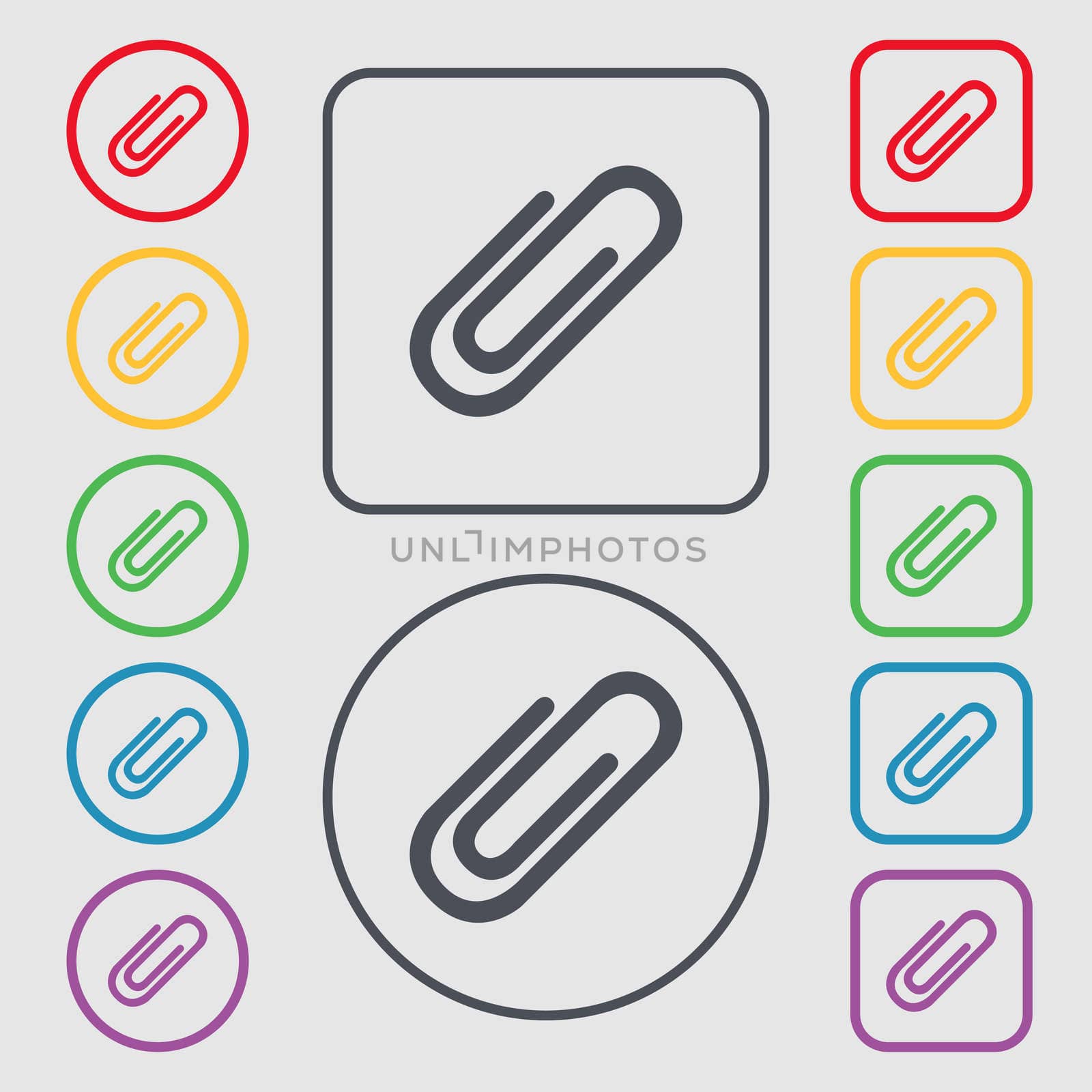 Paper clip sign icon. Clip symbol. Symbols on the Round and square buttons with frame. illustration