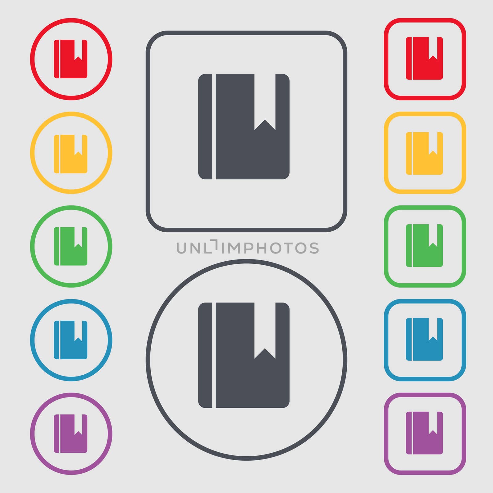 book bookmark icon sign. symbol on the Round and square buttons with frame. illustration