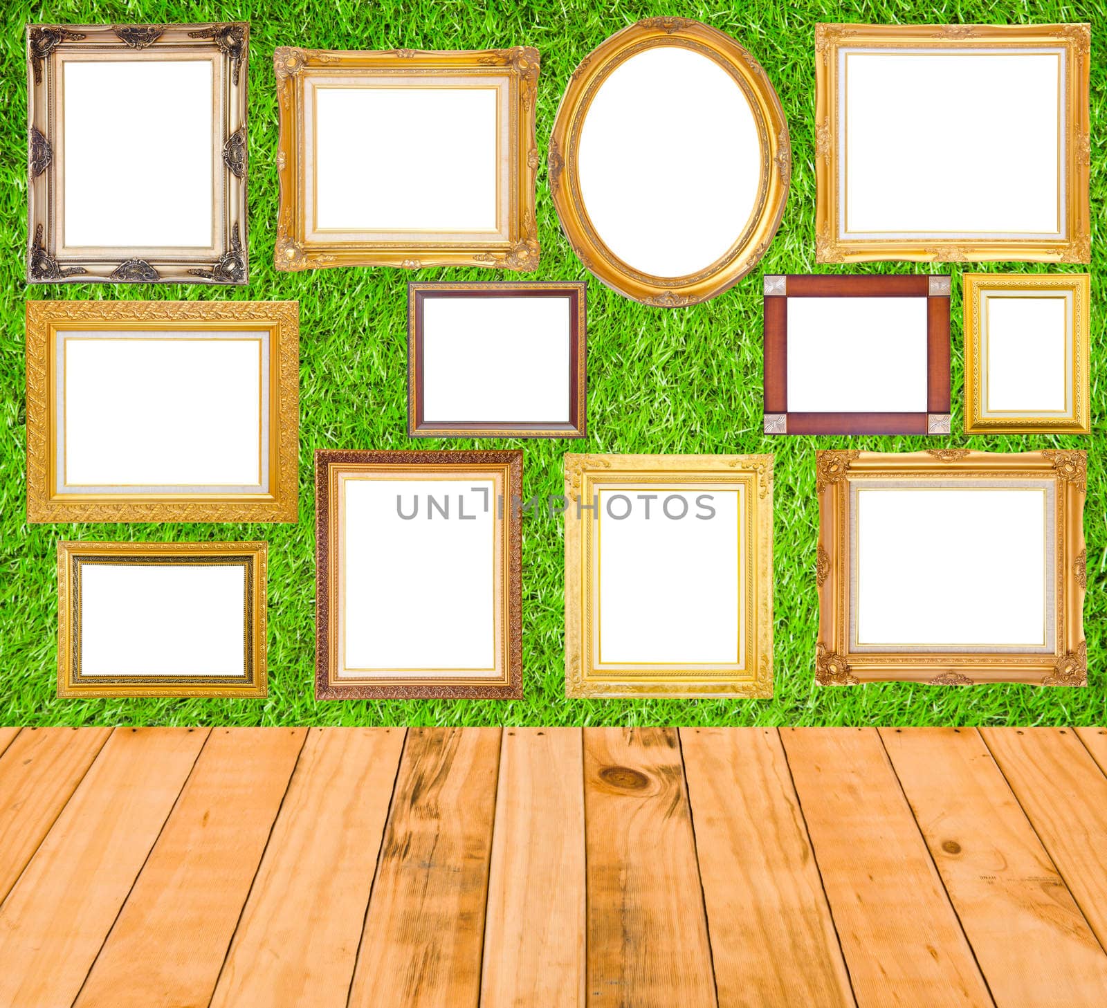 Frame picture on grass and wood background