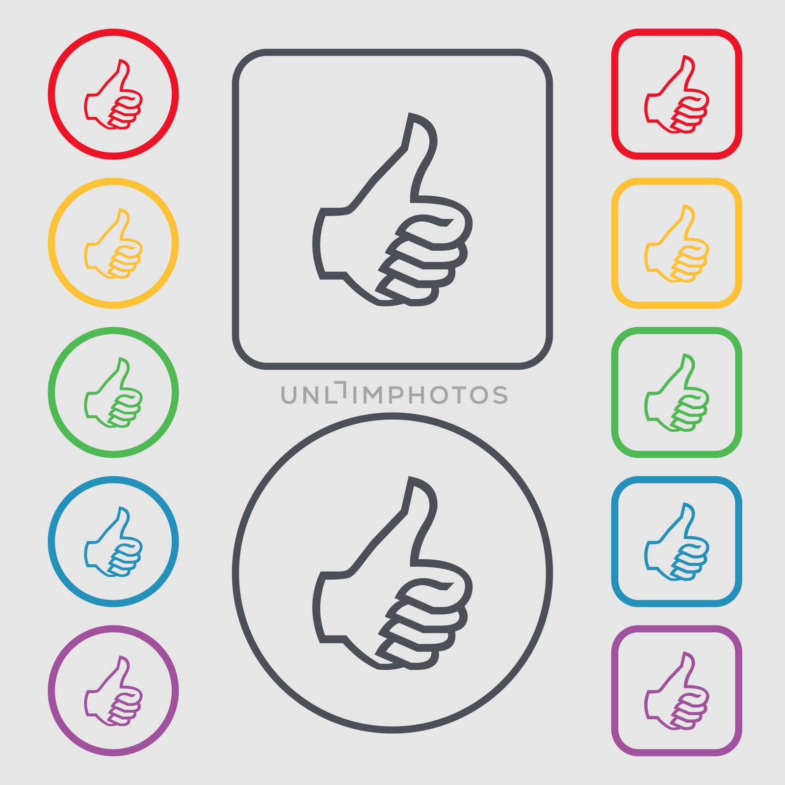 Like sign icon. Thumb up symbol. Hand finger-up. Symbols on the Round and square buttons with frame.  by serhii_lohvyniuk