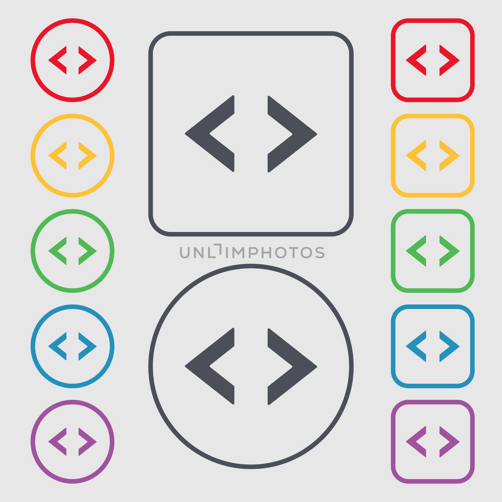 Code sign icon. Programmer symbol. Symbols on the Round and square buttons with frame. illustration