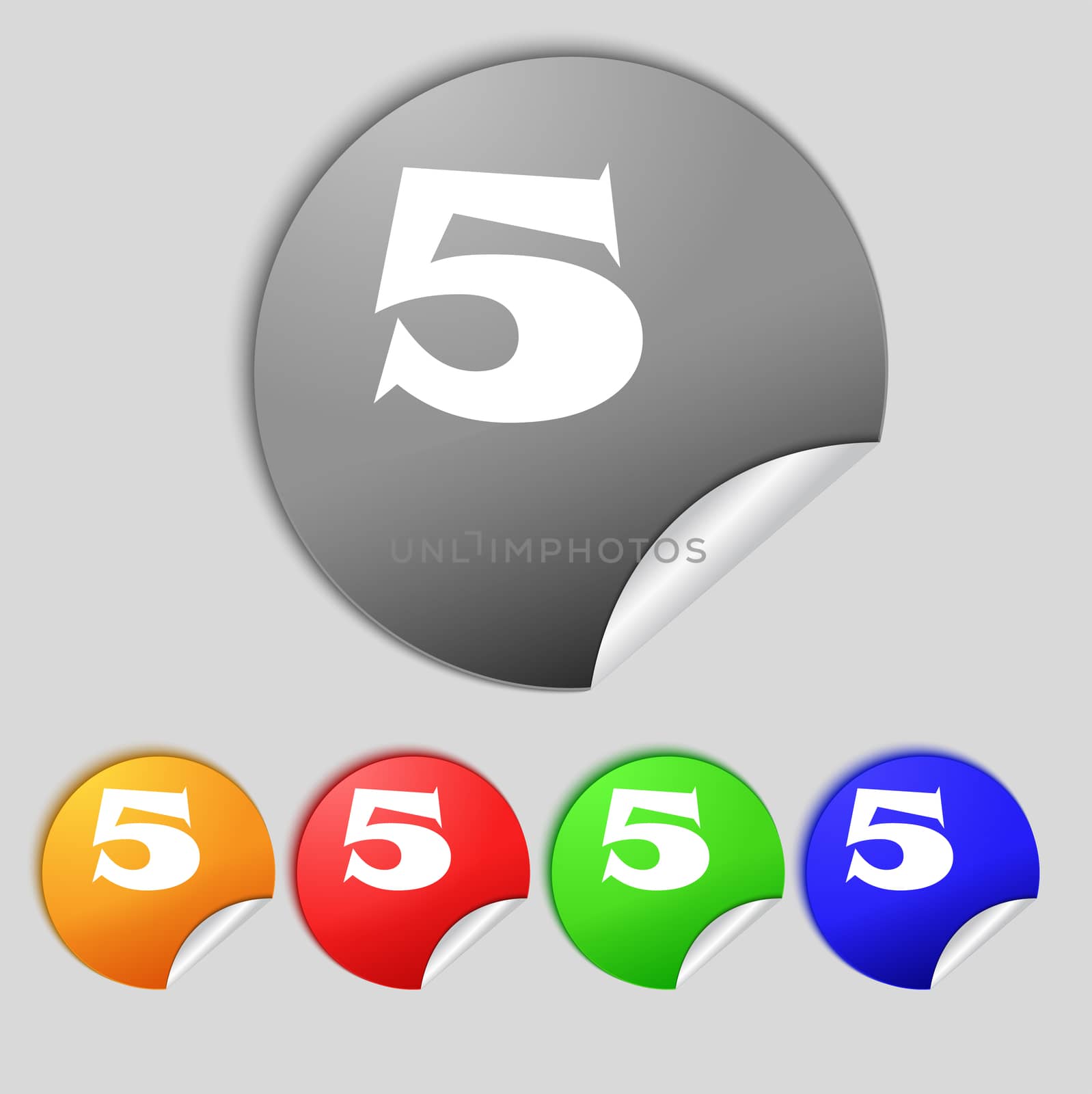 number five icon sign. Set of coloured buttons. illustration