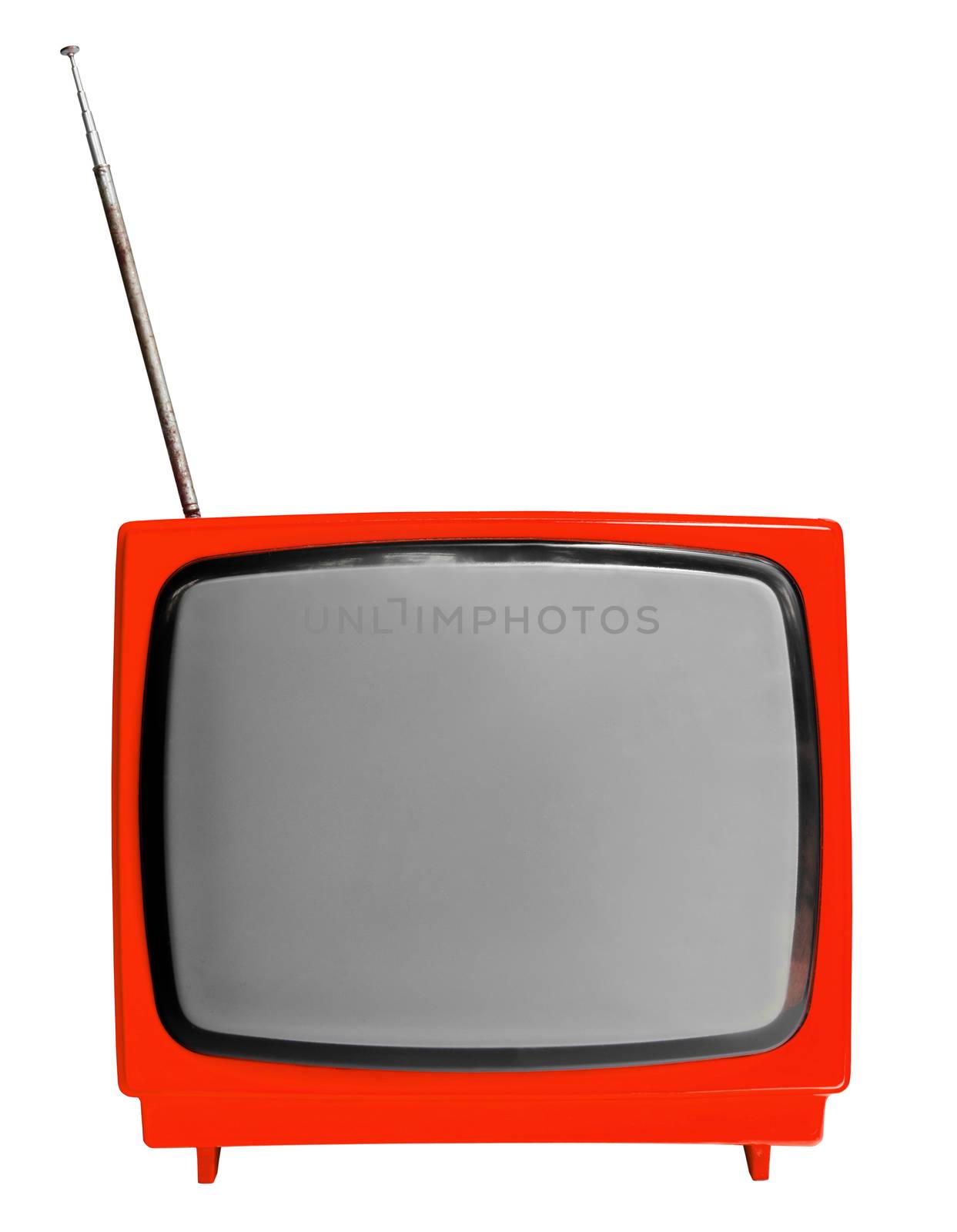 Red light vintage analog television isolated over white background, clipping path.