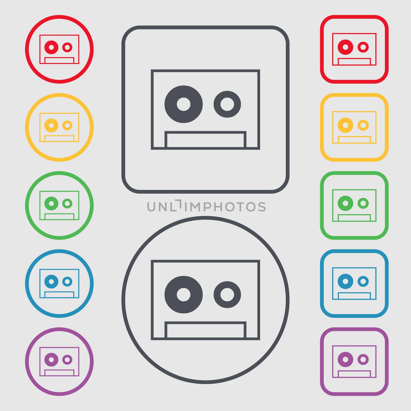 cassette sign icon. Audiocassette symbol. Symbols on the Round and square buttons with frame.  by serhii_lohvyniuk