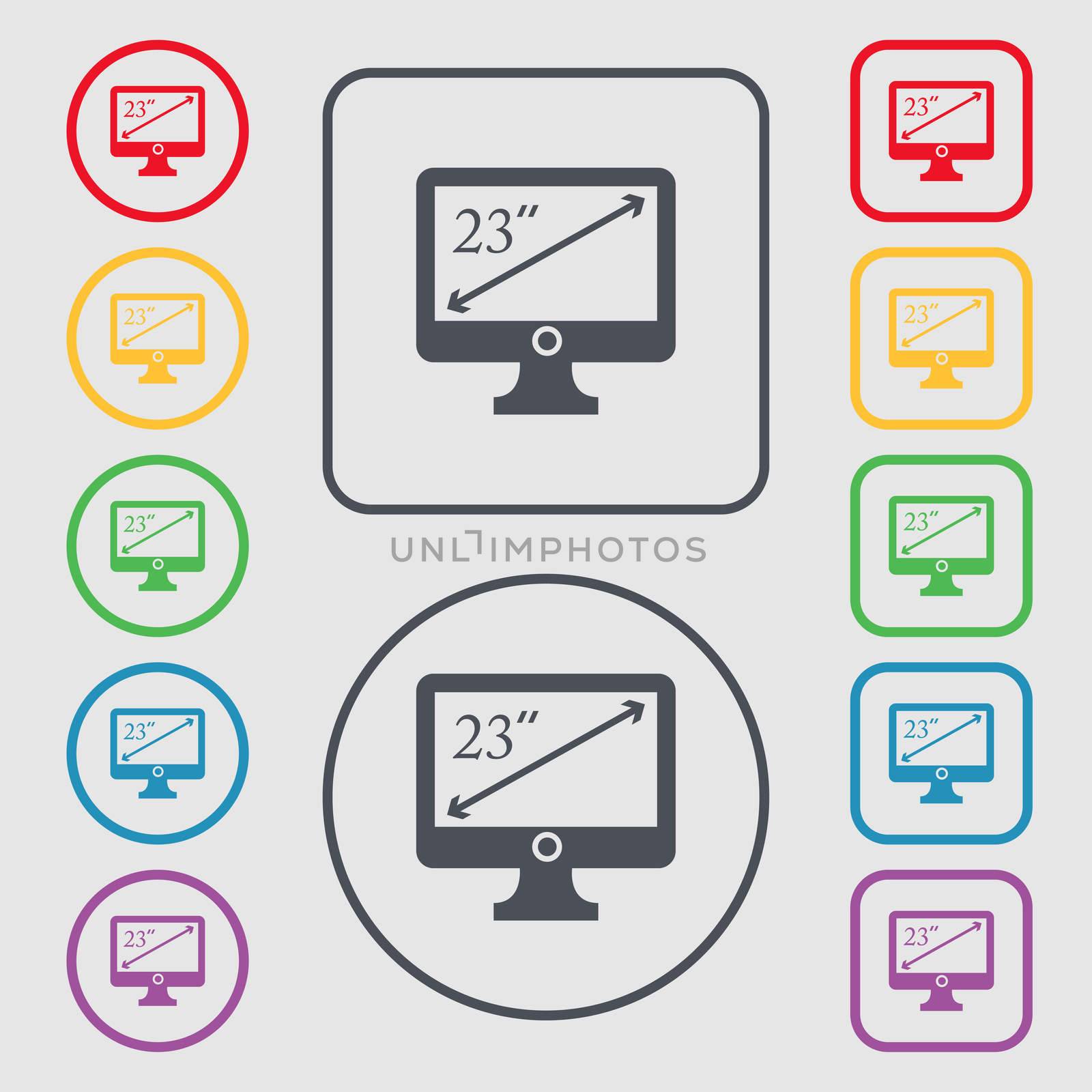 diagonal of the monitor 23 inches icon sign. Symbols on the Round and square buttons with frame. illustration