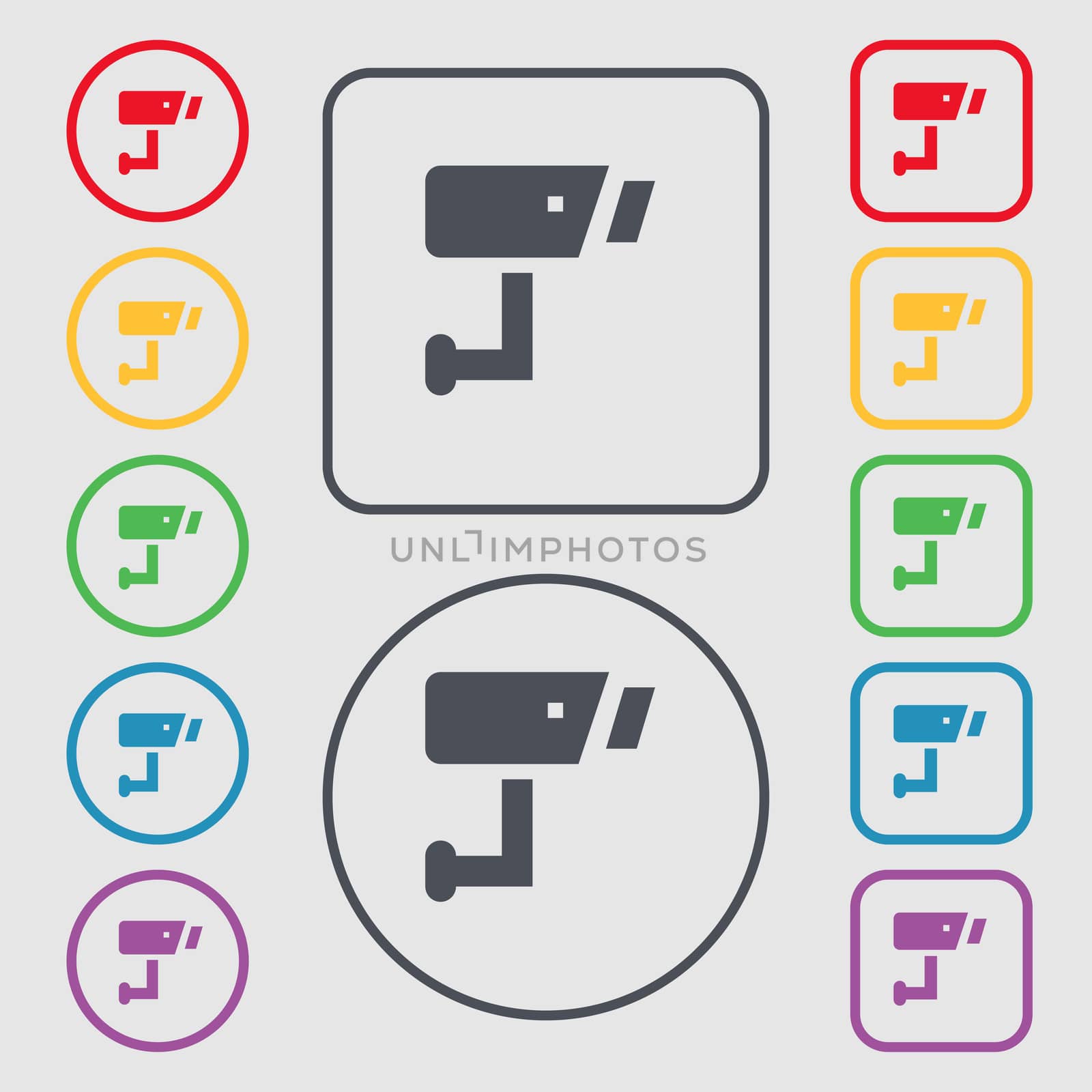 Surveillance Camera icon sign. symbol on the Round and square buttons with frame. illustration