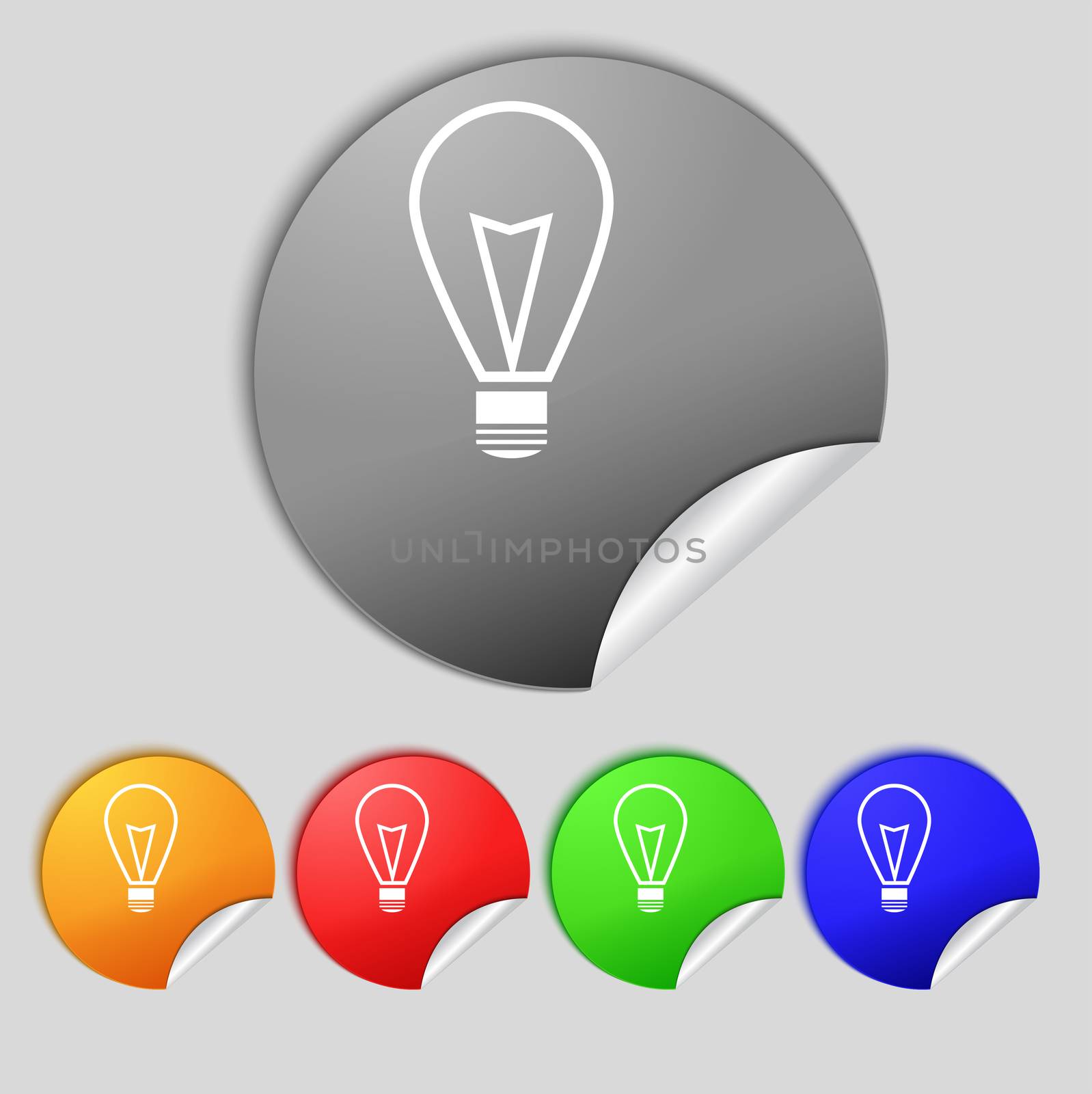 Light lamp sign icon. Idea symbol. Lightis on. Set of colored buttons.  by serhii_lohvyniuk