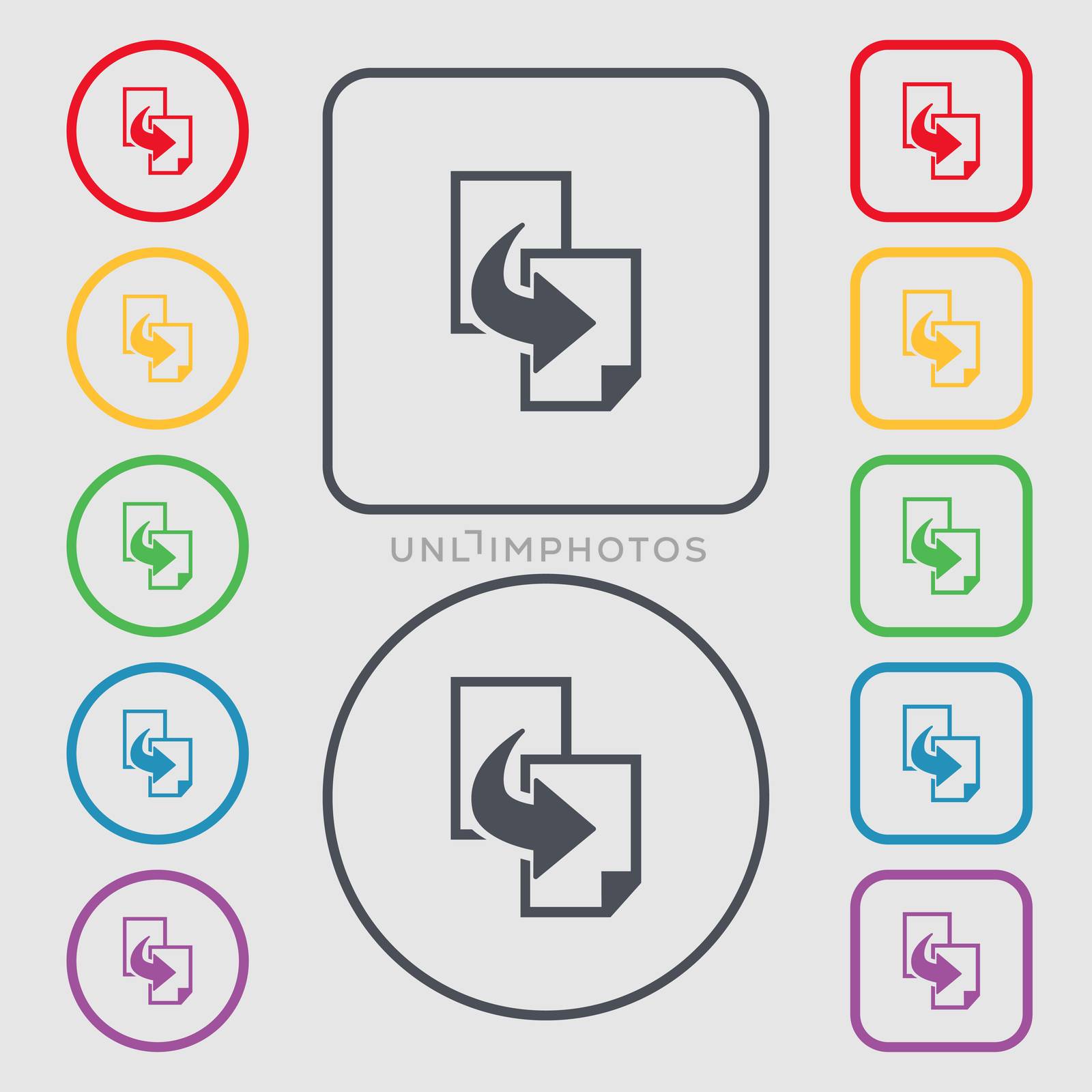 Copy file sign icon. Duplicate document symbol. Symbols on the Round and square buttons with frame. illustration