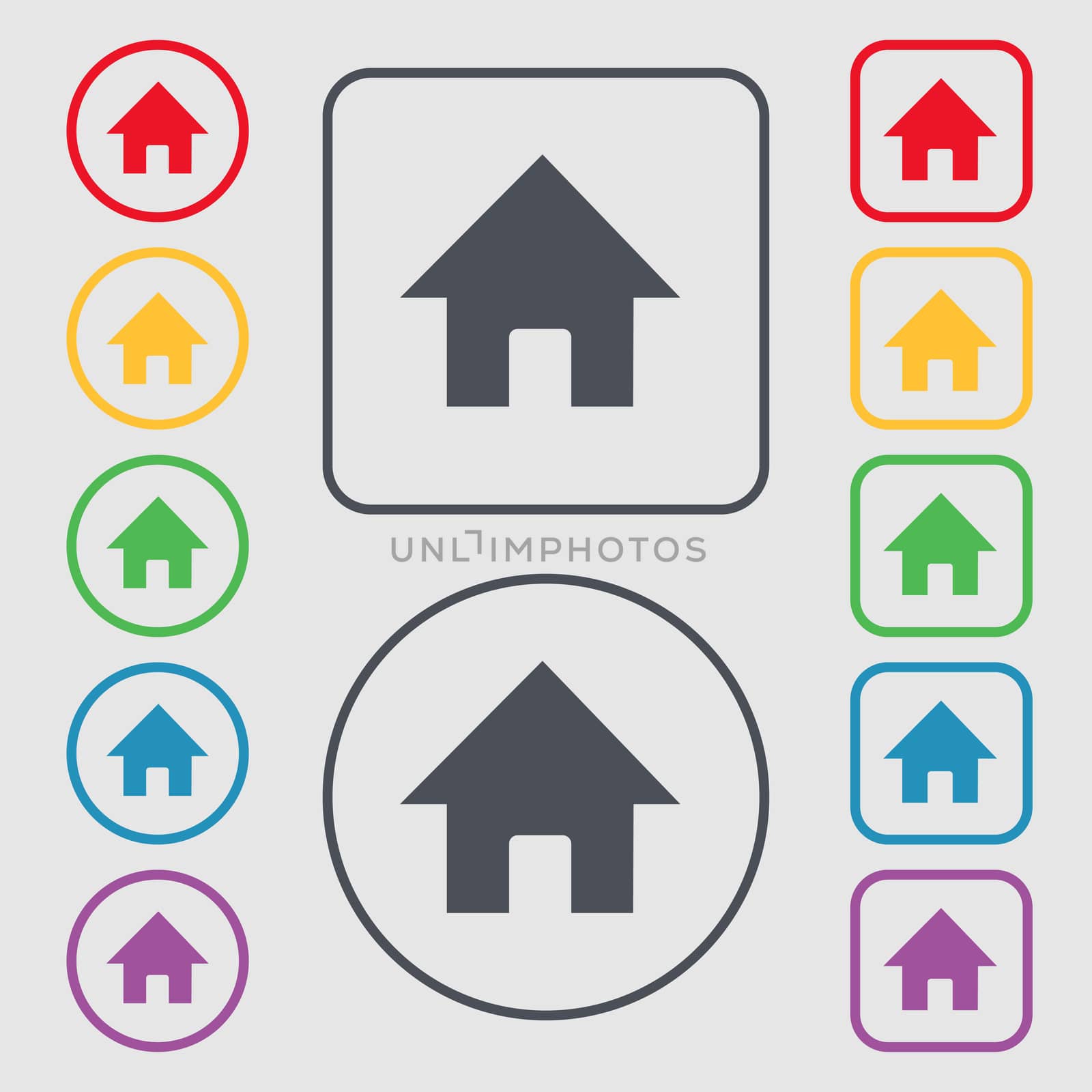 Home, Main page icon sign. symbol on the Round and square buttons with frame. illustration