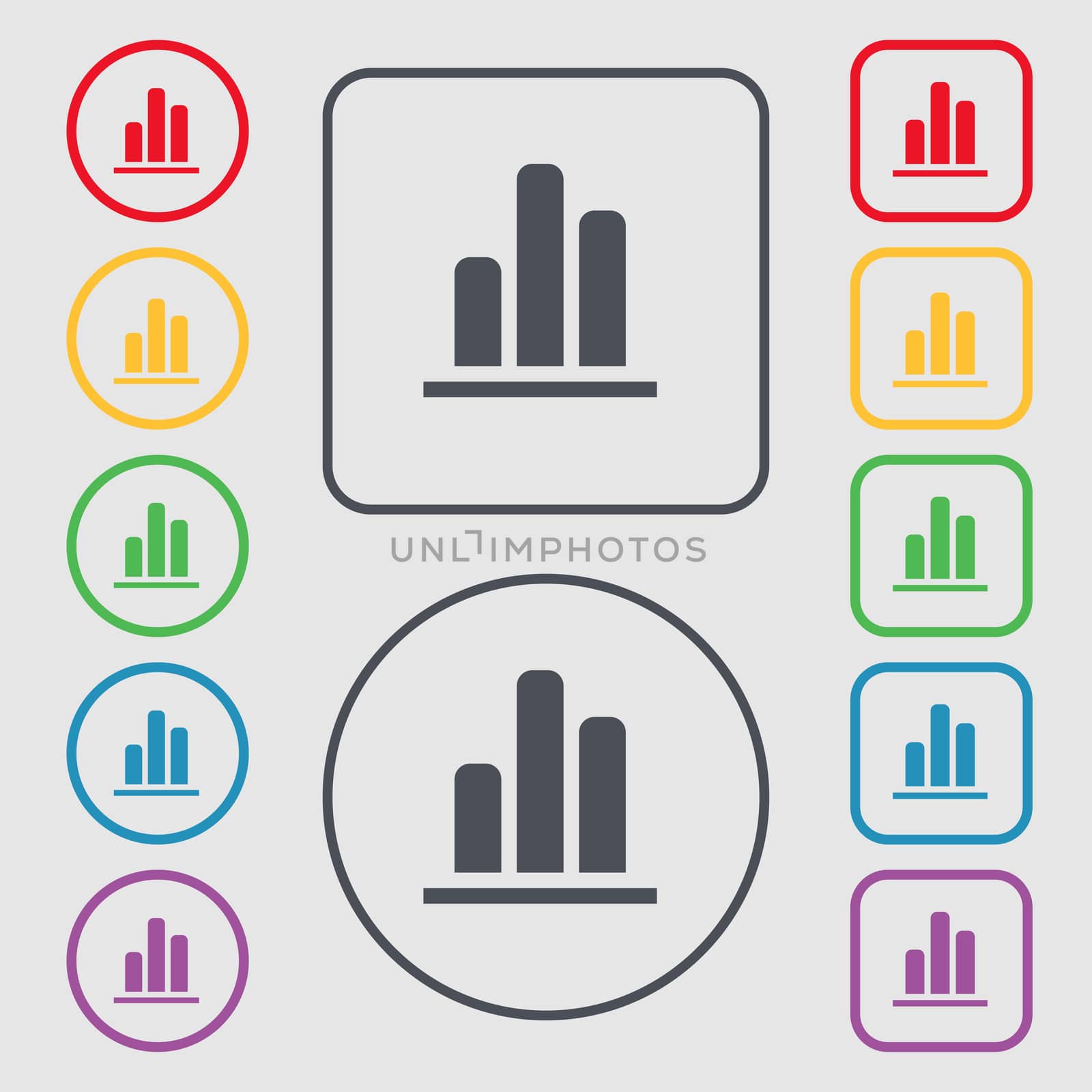 Growth and development concept. graph of Rate icon sign. symbol on the Round and square buttons with frame. illustration