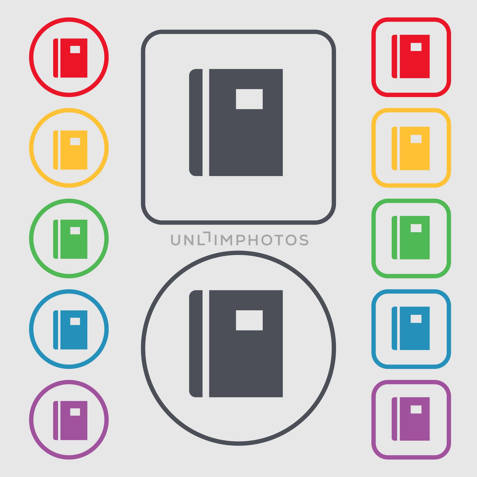 Book icon sign. symbol on the Round and square buttons with frame. illustration