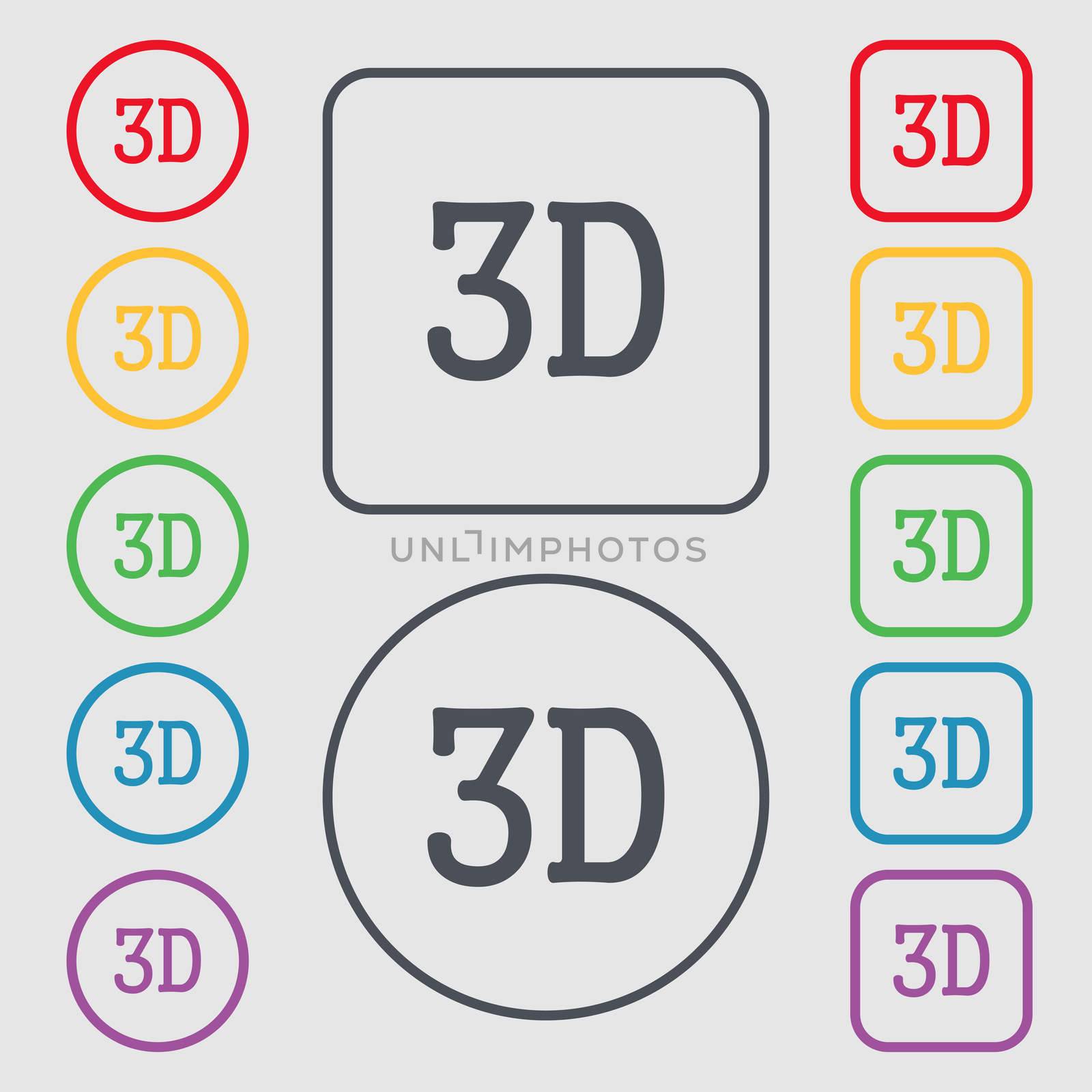 3D sign icon. 3D-New technology symbol. Symbols on the Round and square buttons with frame.  by serhii_lohvyniuk