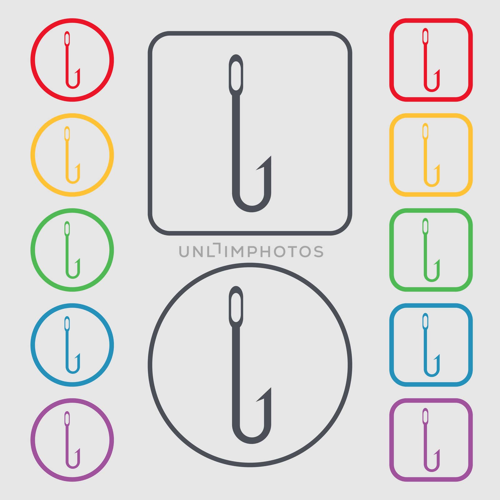 Fishing hook icon sign. Symbols on the Round and square buttons with frame.  by serhii_lohvyniuk