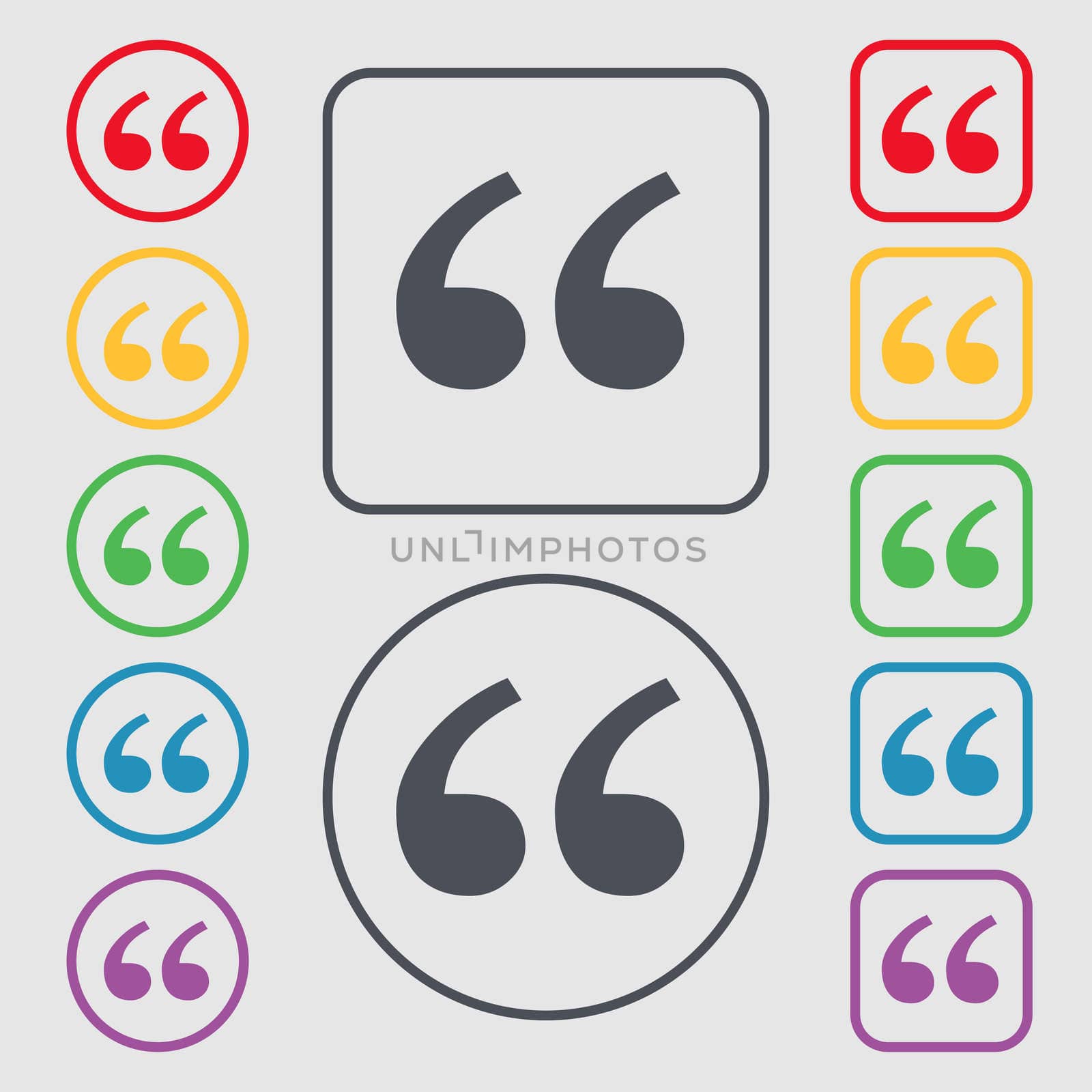 Double quotes at the beginning of words icon sign. symbol on the Round and square buttons with frame.  by serhii_lohvyniuk