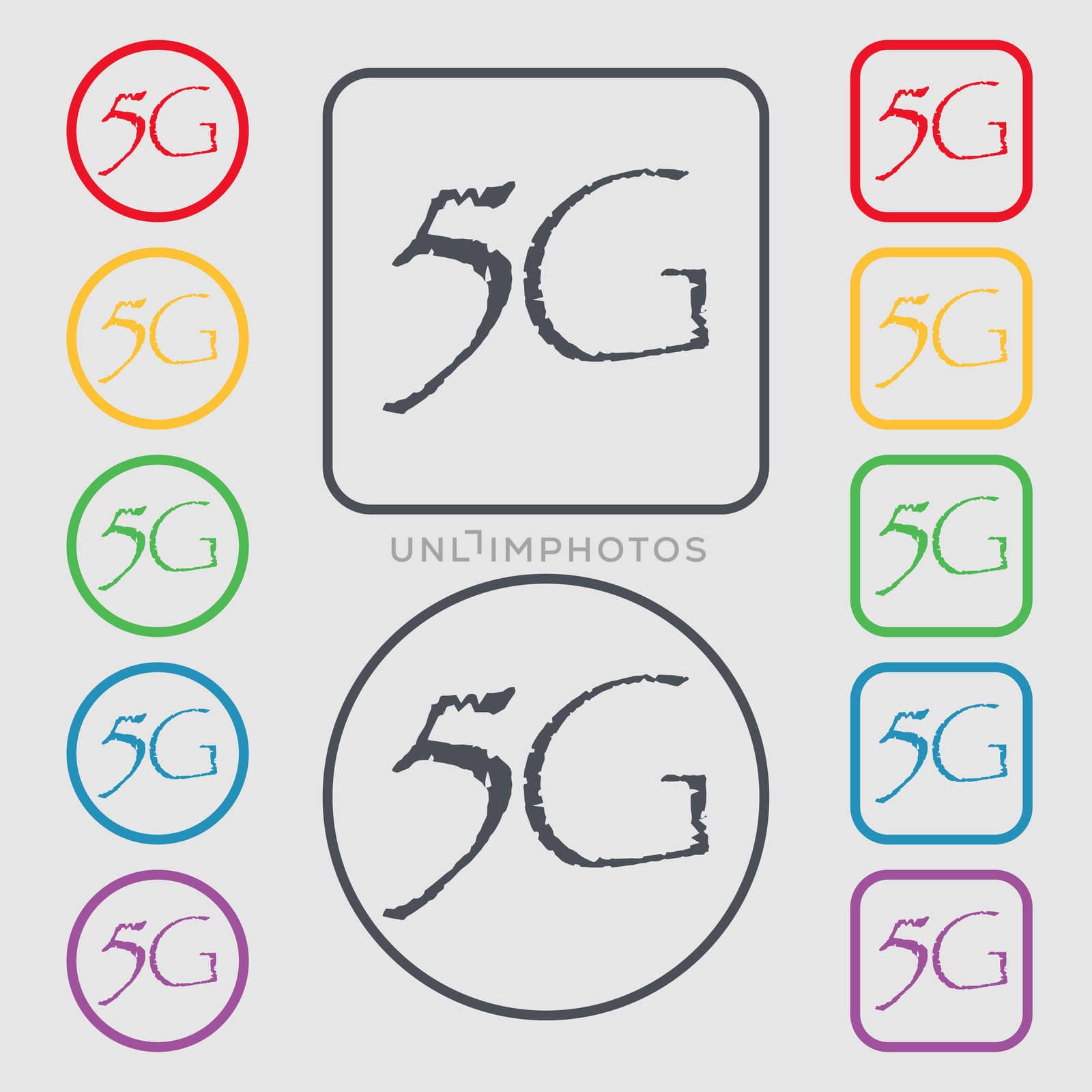 5G sign icon. Mobile telecommunications technology symbol. Symbols on the Round and square buttons with frame. illustration