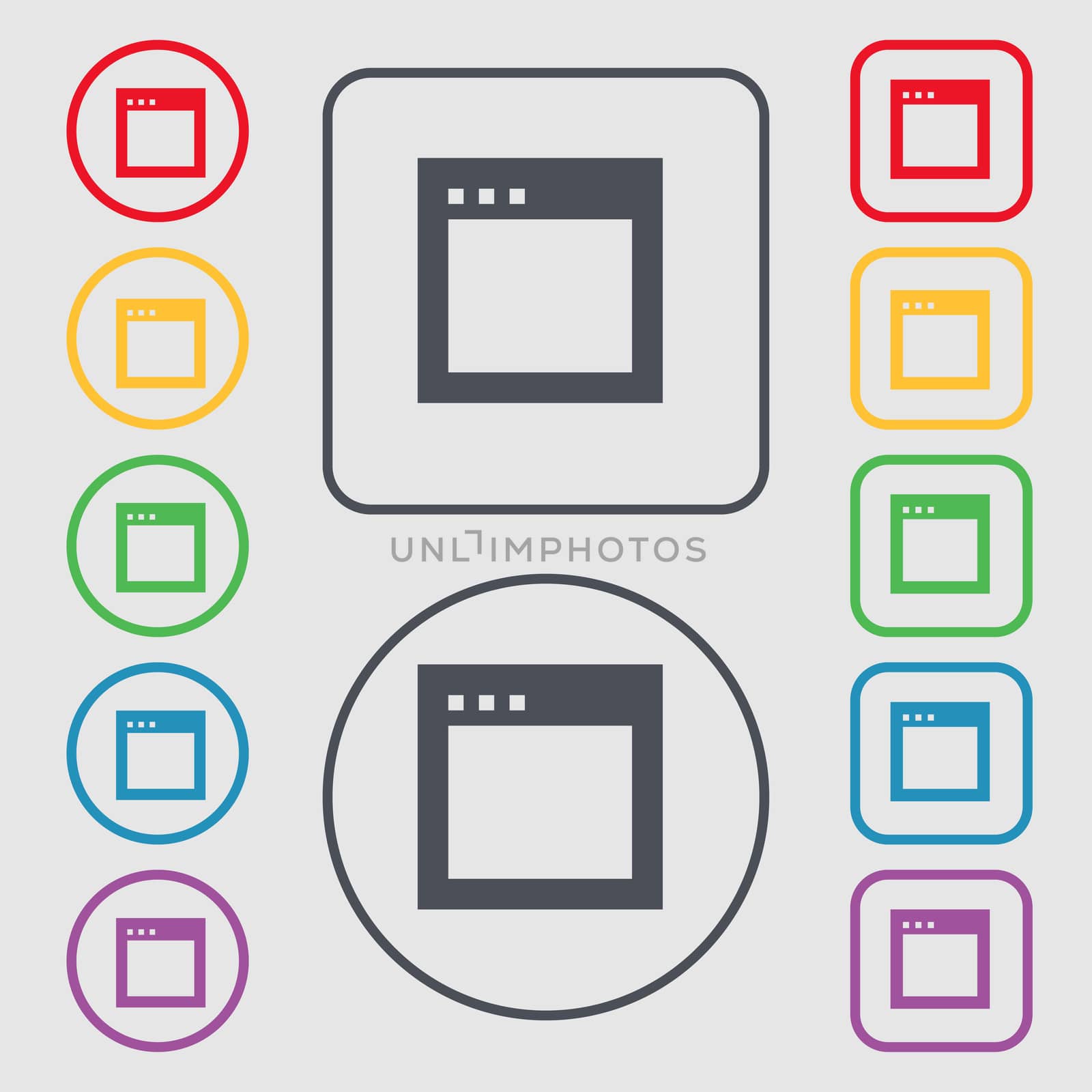 Simple Browser window icon sign. symbol on the Round and square buttons with frame. illustration