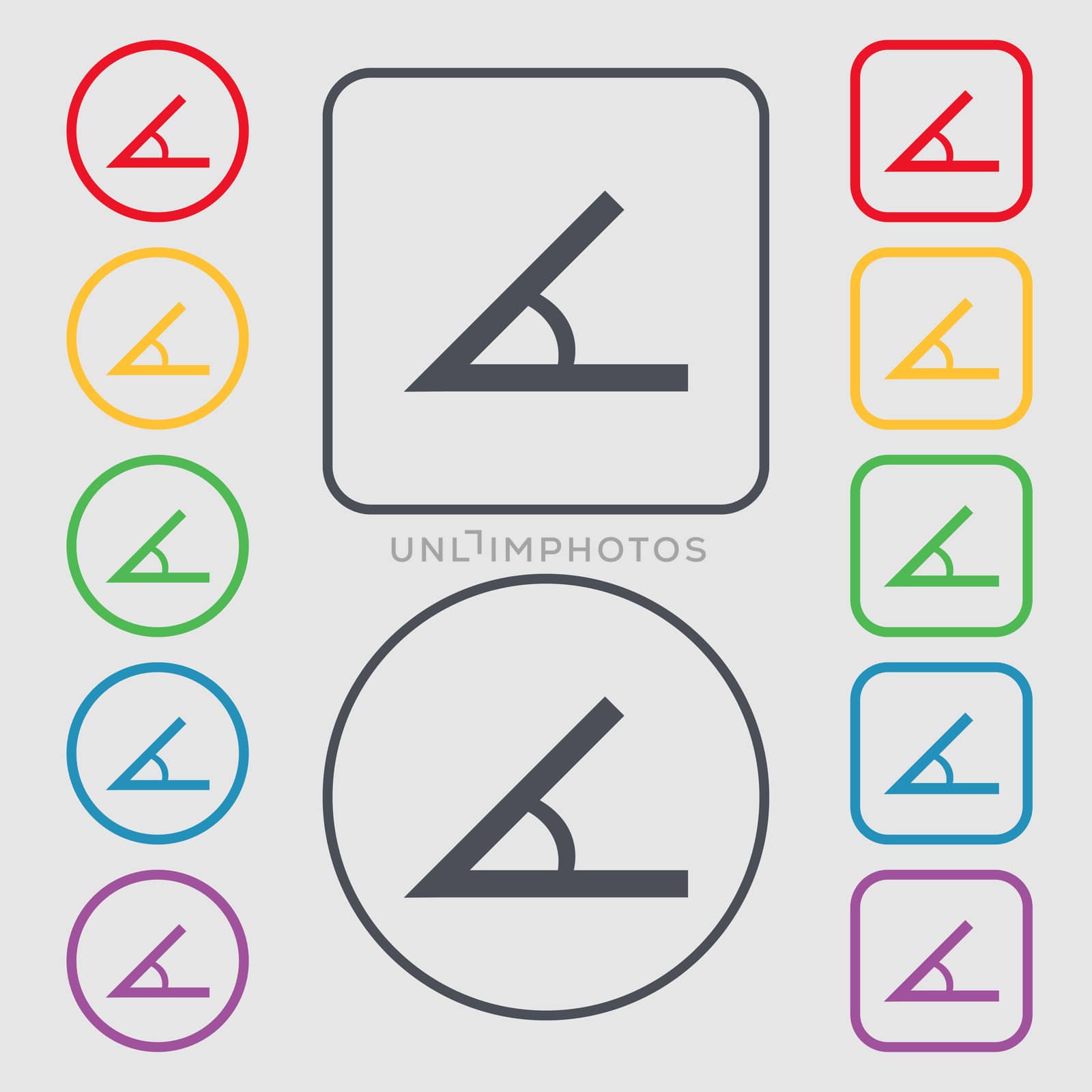 Angle 45 degrees icon sign. Symbols on the Round and square buttons with frame. illustration