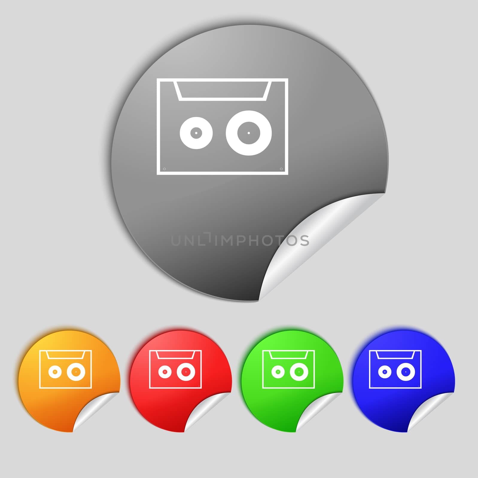 cassette sign icon. Audiocassette symbol. Set of colour buttons. illustration