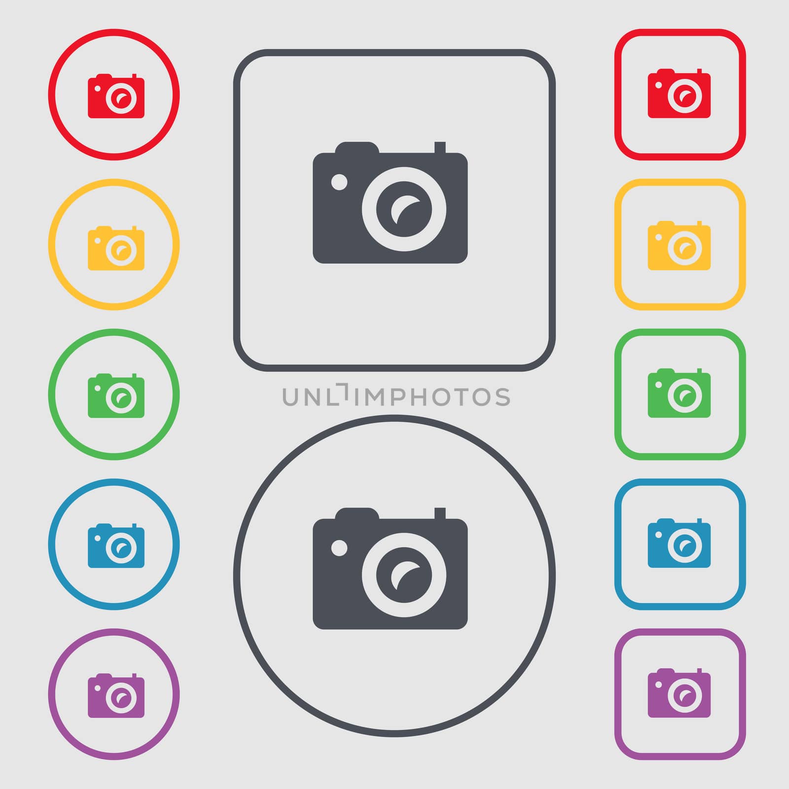 Digital photo camera icon sign. symbol on the Round and square buttons with frame. illustration