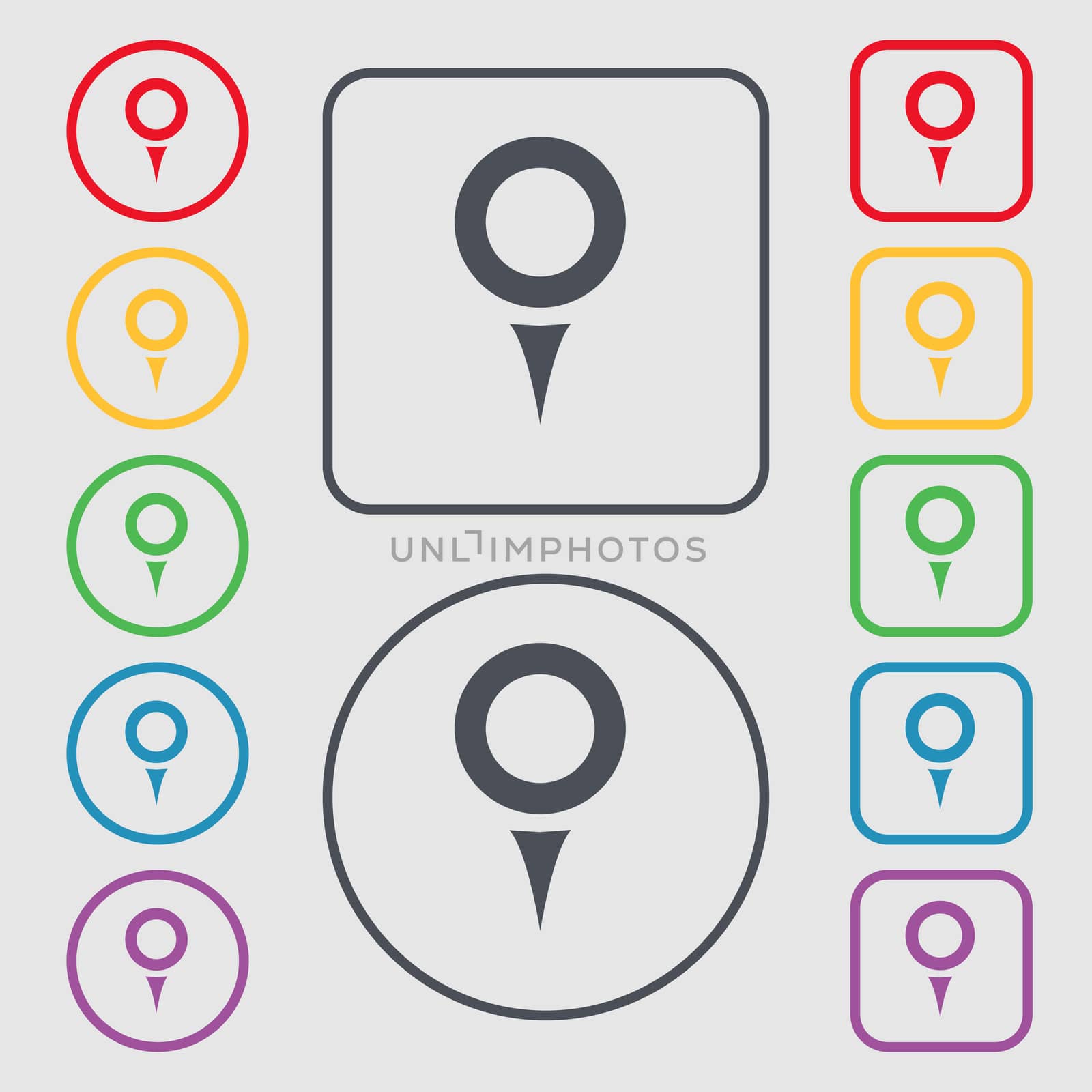 Map pointer, GPS location icon sign. symbol on the Round and square buttons with frame.  by serhii_lohvyniuk