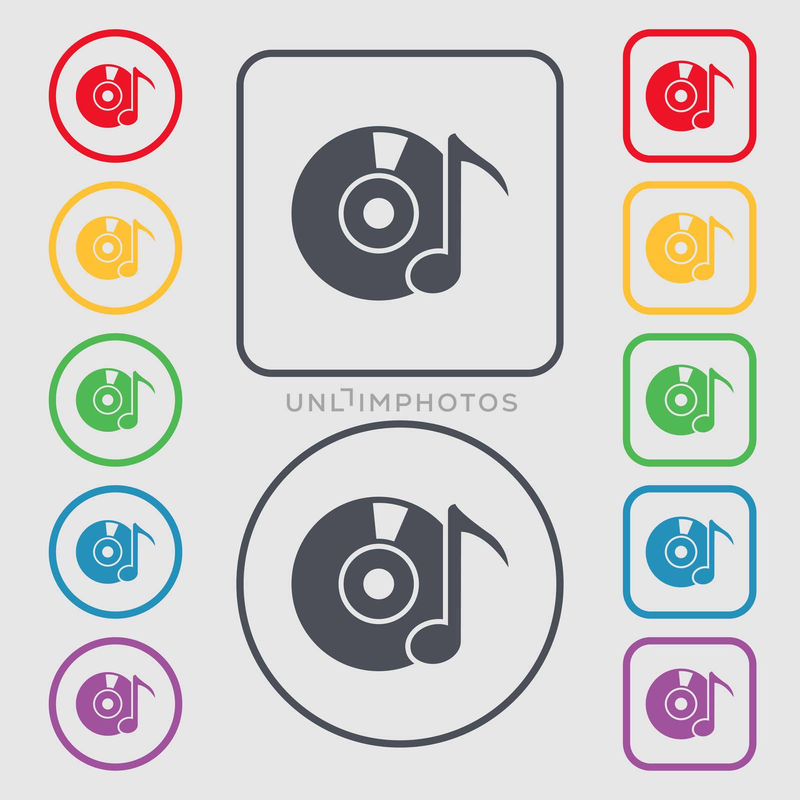 CD or DVD icon sign. Symbols on the Round and square buttons with frame. illustration