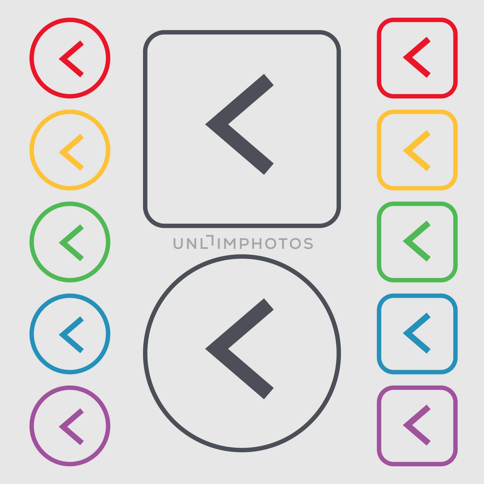 Arrow left, Way out icon sign. symbol on the Round and square buttons with frame. illustration