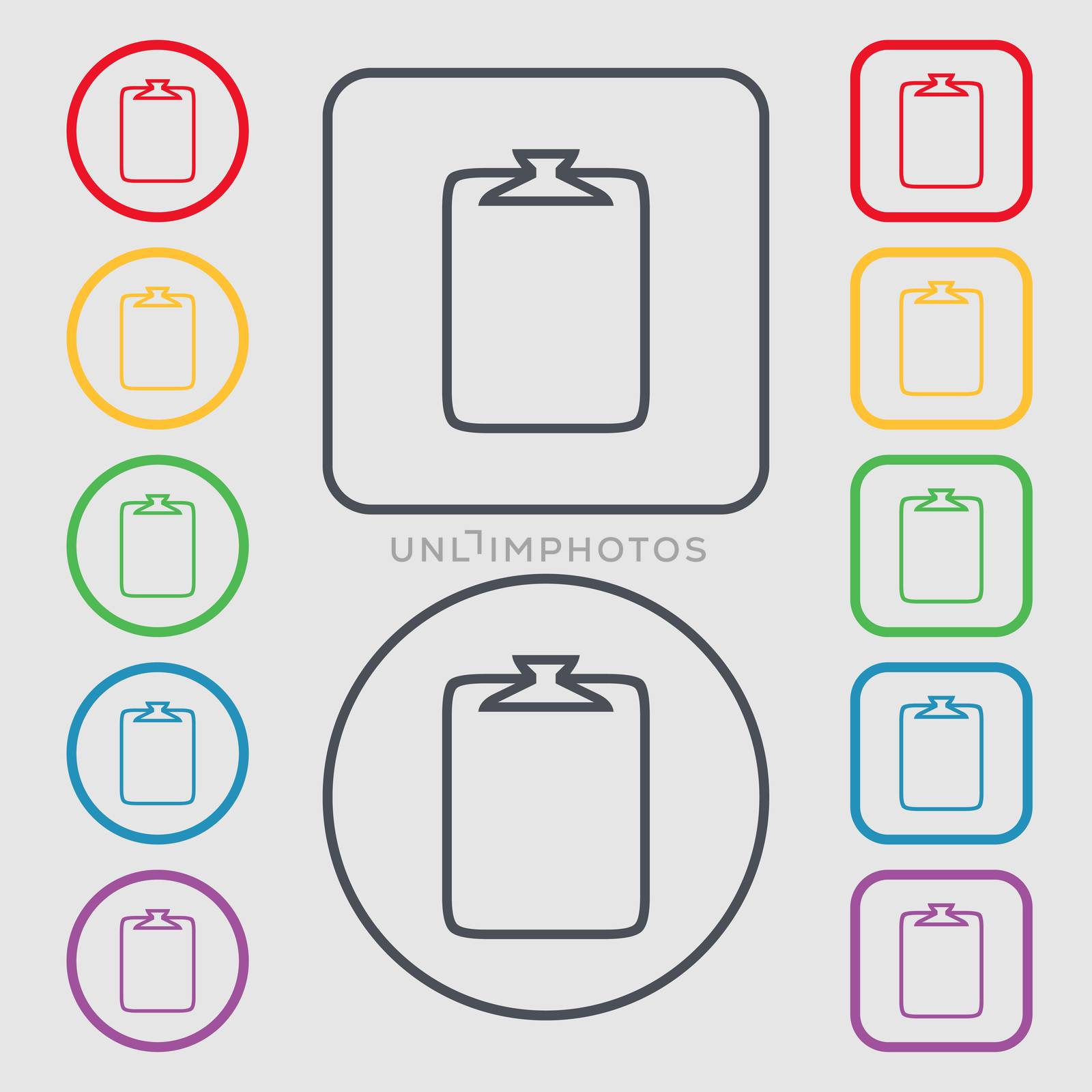 File annex icon. Paper clip symbol. Attach sign. Symbols on the Round and square buttons with frame. illustration