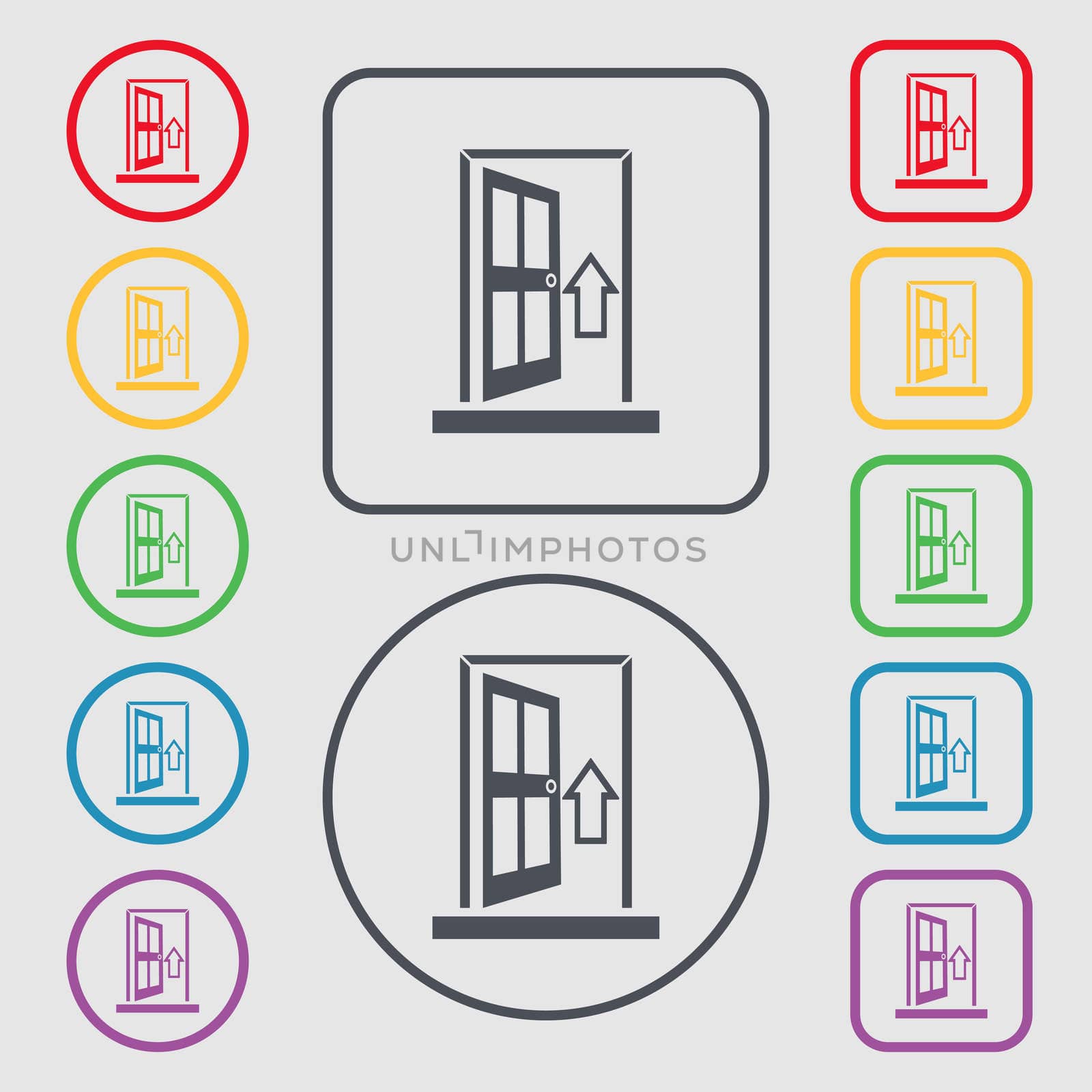 Door, Enter or exit icon sign. Symbols on the Round and square buttons with frame. illustration