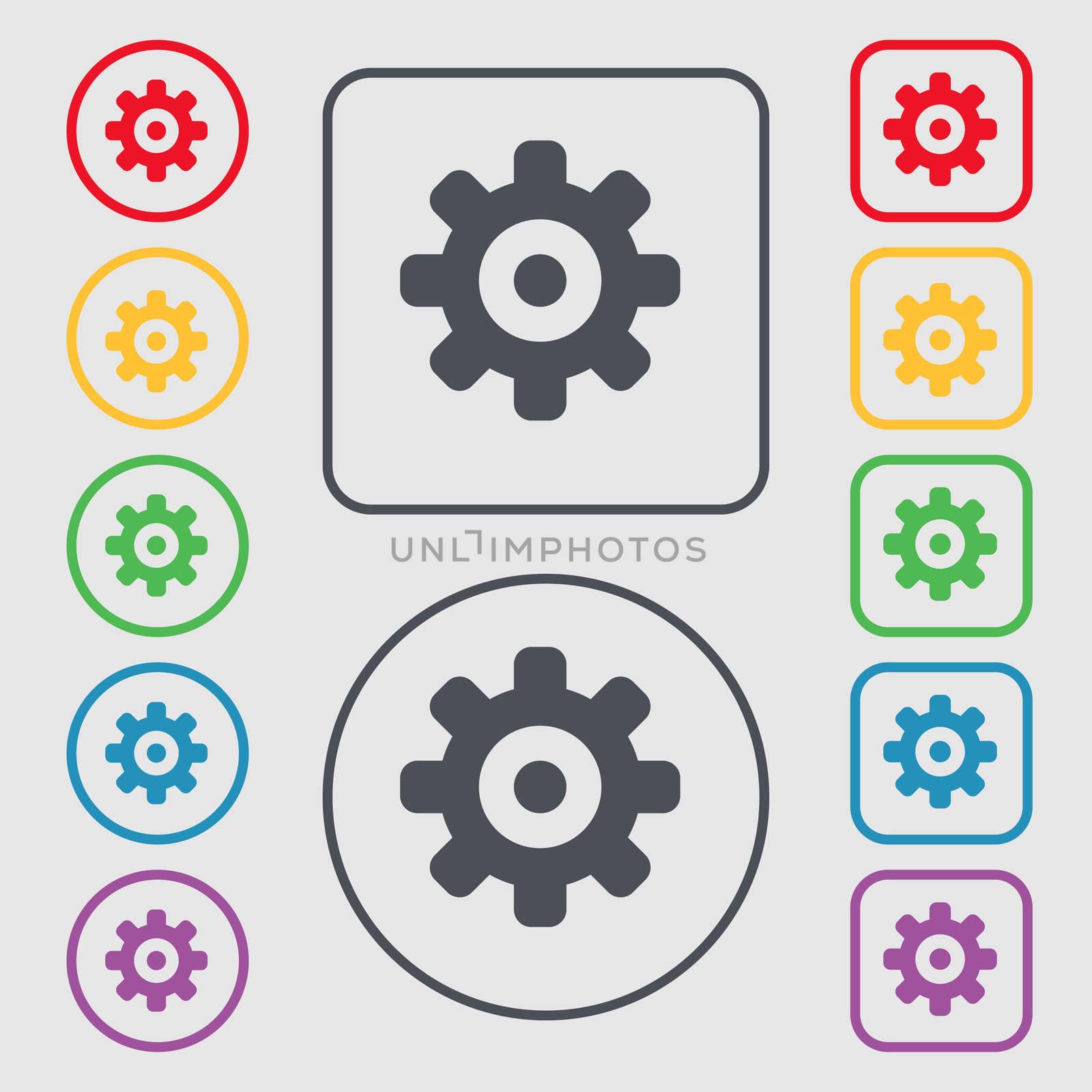 Cog settings, Cogwheel gear mechanism icon sign. symbol on the Round and square buttons with frame. illustration