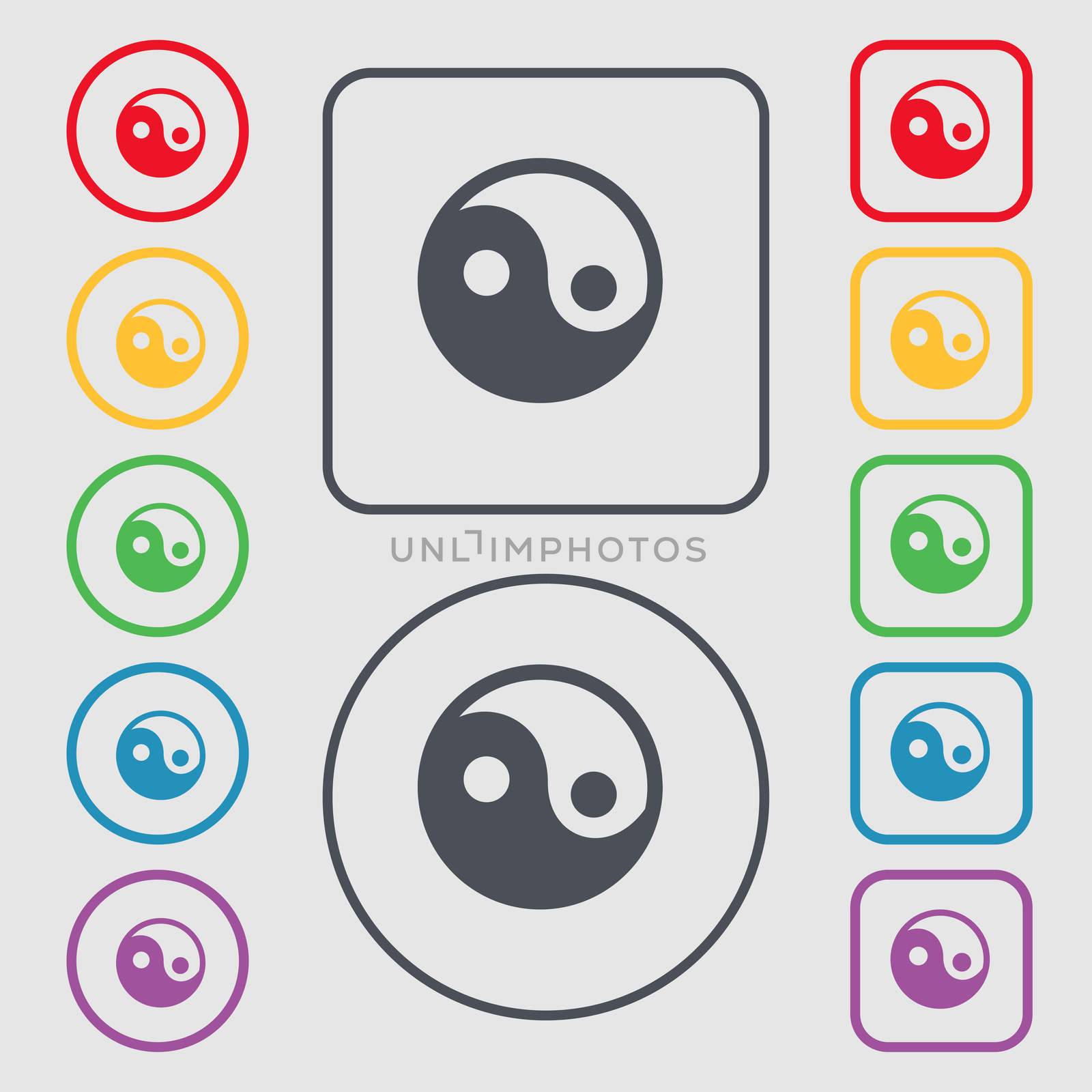 Ying yang icon sign. symbol on the Round and square buttons with frame. illustration