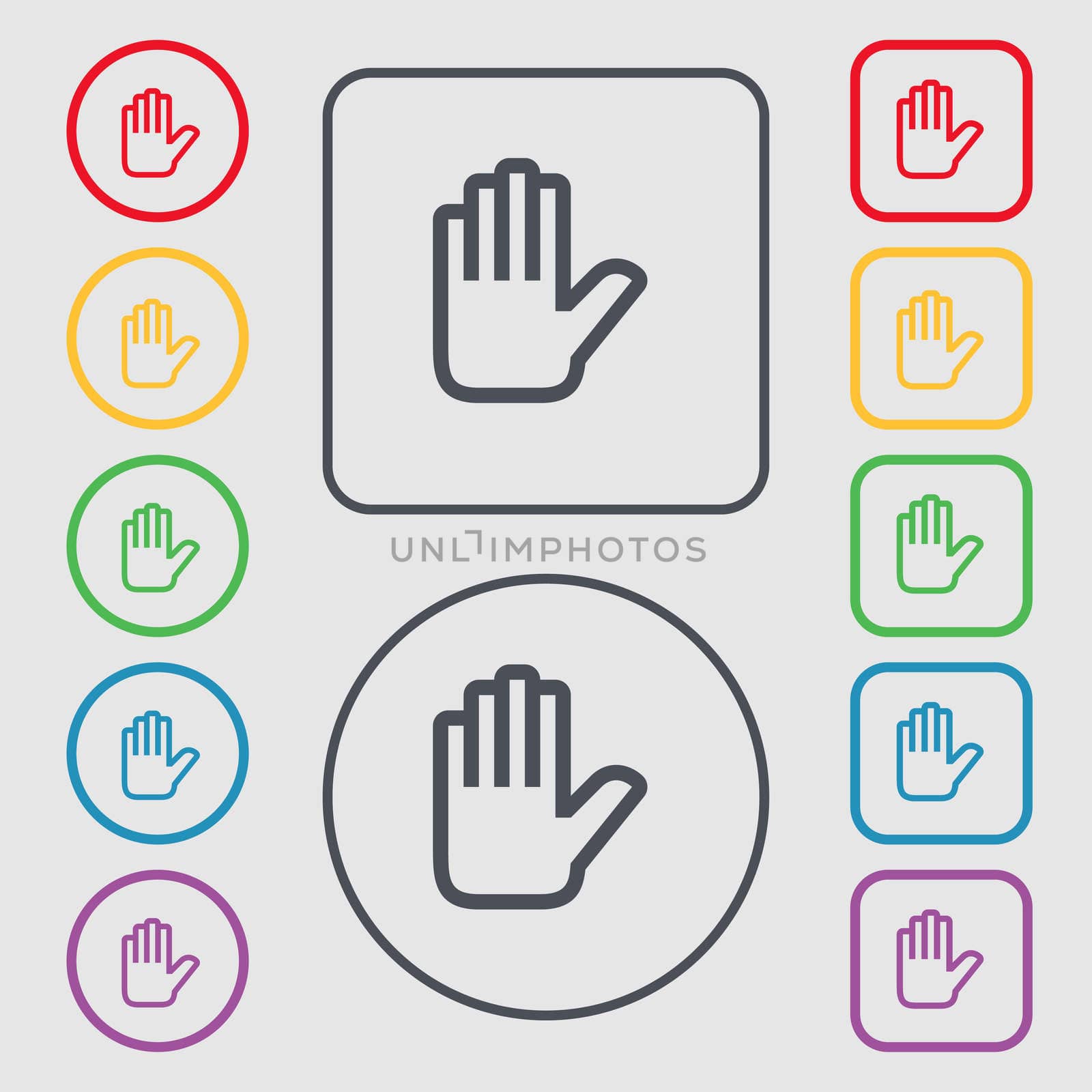 Hand print, Stop icon sign. symbol on the Round and square buttons with frame. illustration