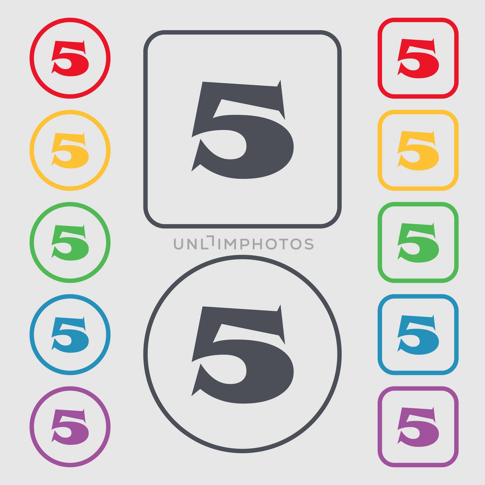 number five icon sign. Symbols on the Round and square buttons with frame. illustration