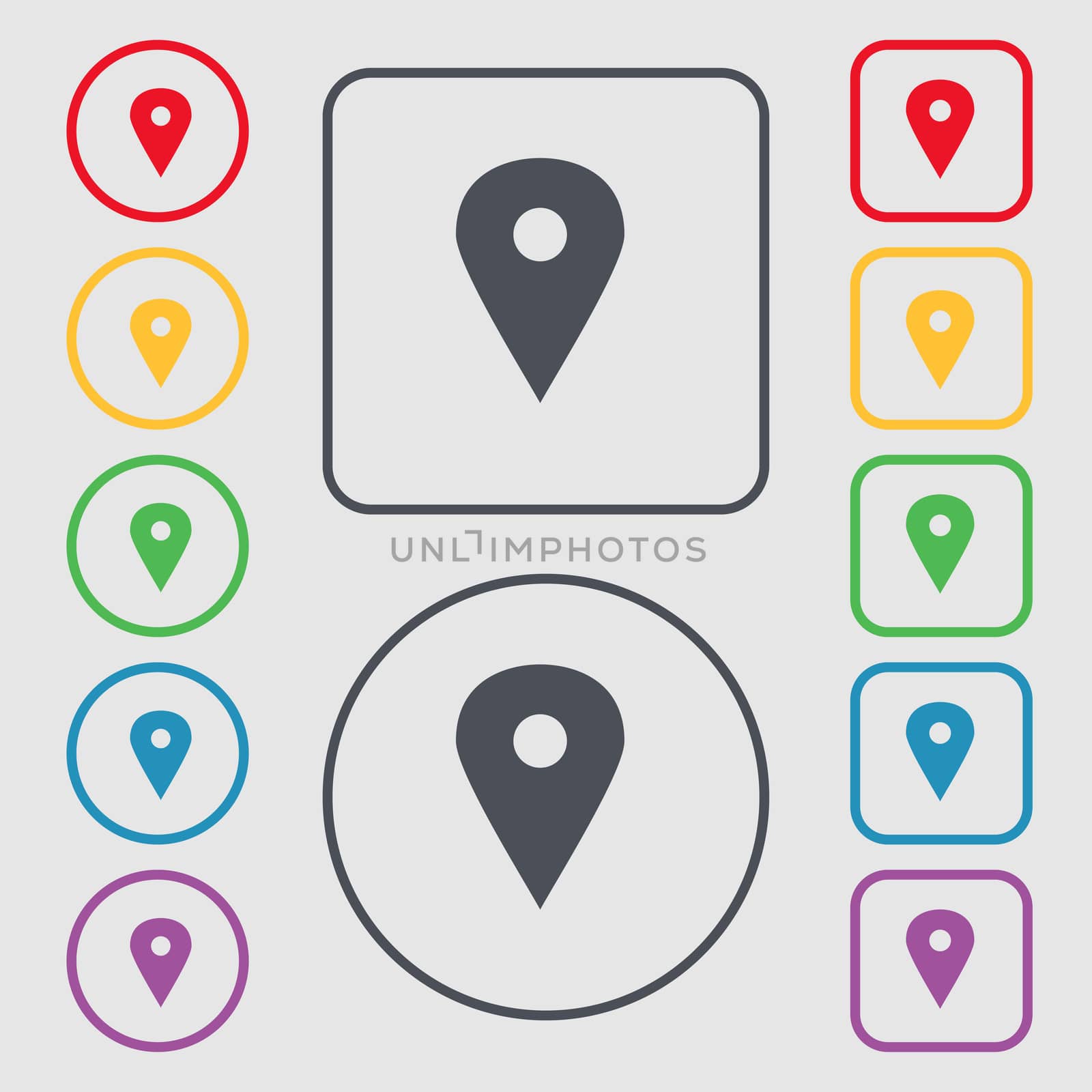 Map pointer, GPS location icon sign. symbol on the Round and square buttons with frame.  by serhii_lohvyniuk