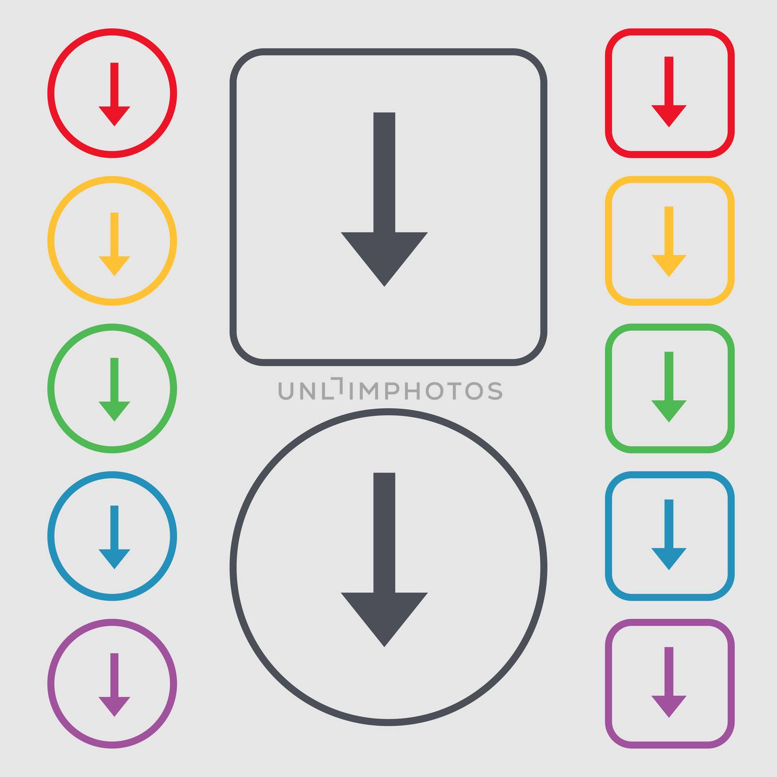 Arrow down, Download, Load, Backup icon sign. symbol on the Round and square buttons with frame. illustration
