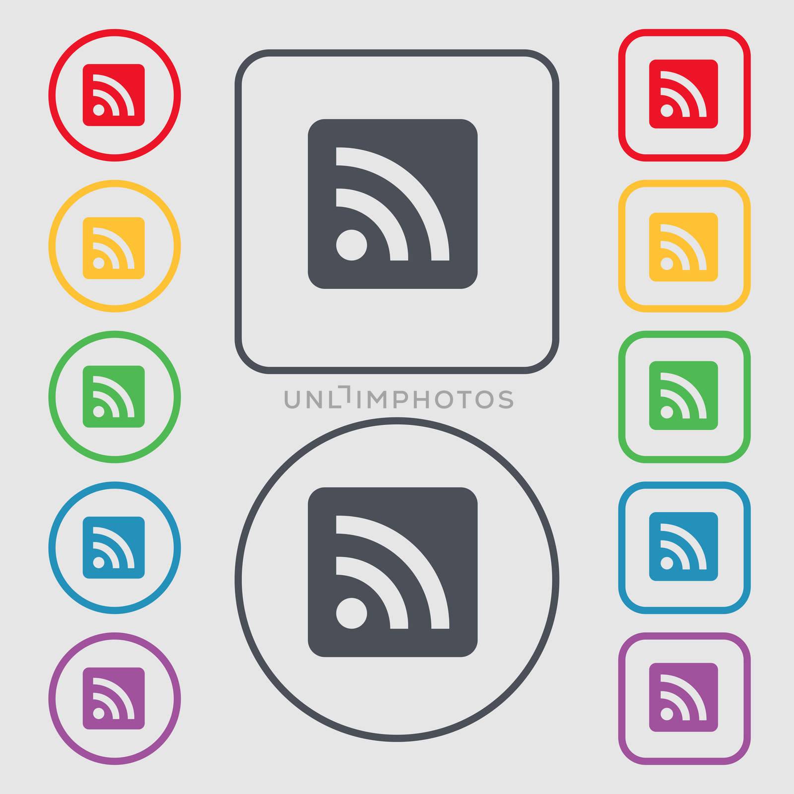 RSS feed icon sign. symbol on the Round and square buttons with frame. illustration