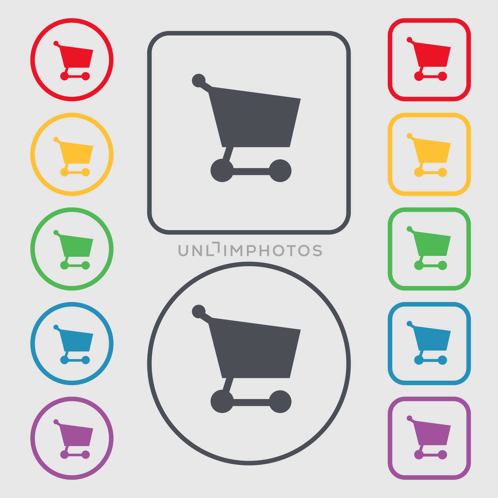 Shopping basket icon sign. symbol on the Round and square buttons with frame. illustration