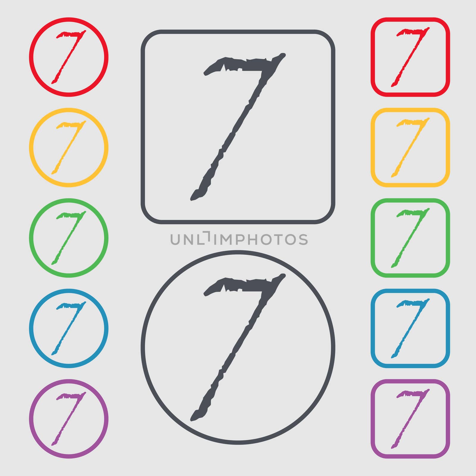 number seven icon sign. Symbols on the Round and square buttons with frame.  by serhii_lohvyniuk