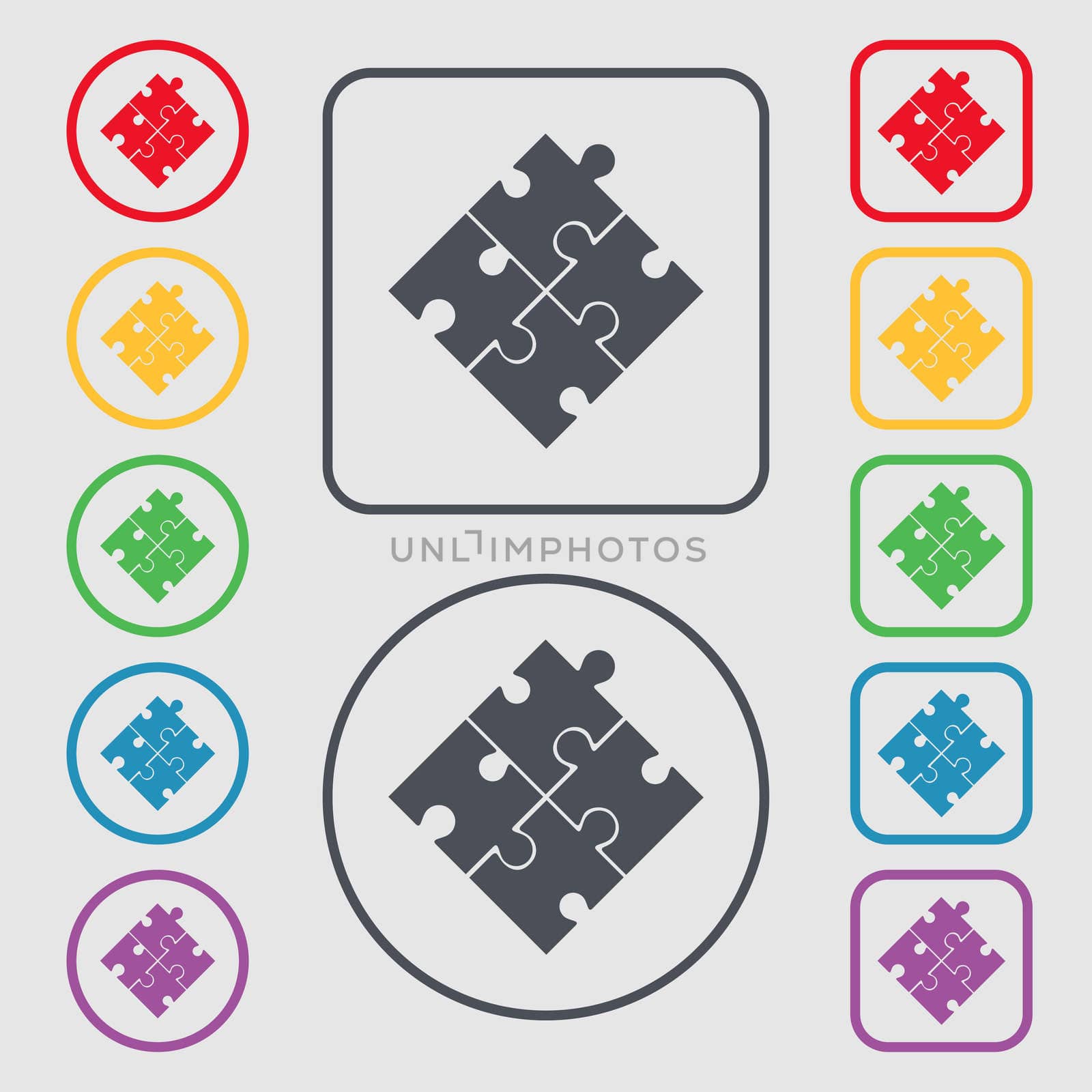 Puzzle piece icon sign. Symbols on the Round and square buttons with frame. illustration
