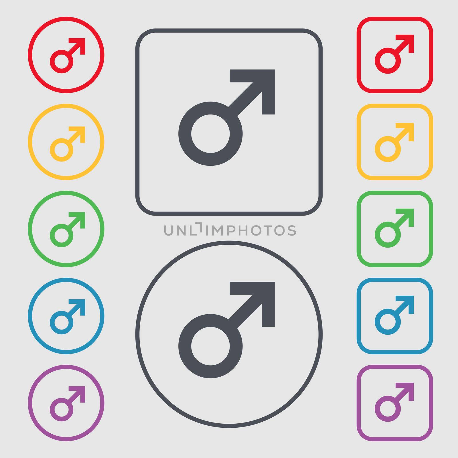 Male sex icon sign. symbol on the Round and square buttons with frame.  by serhii_lohvyniuk