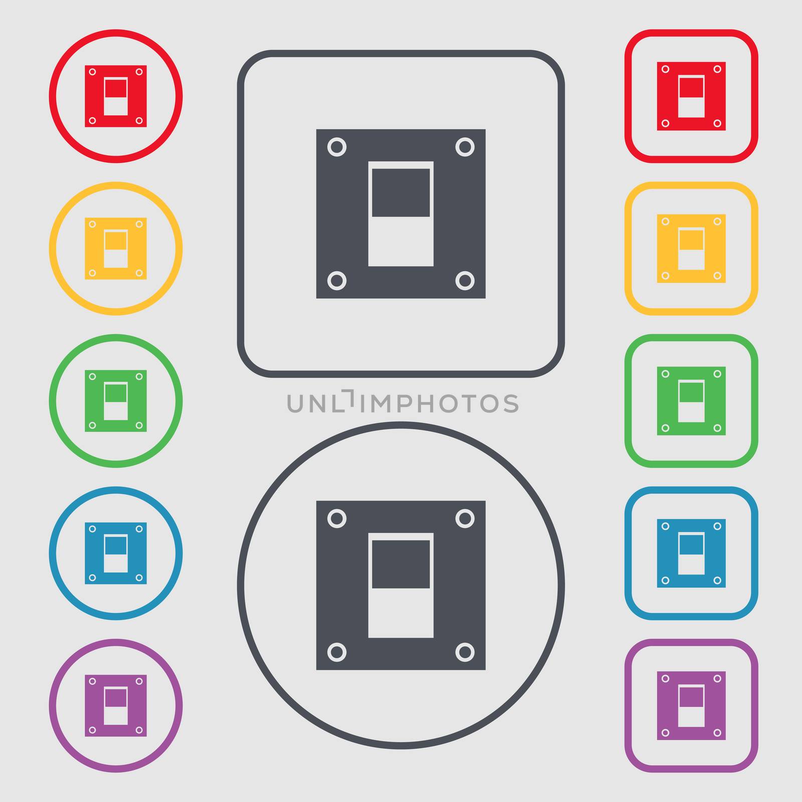 Power switch icon sign. Symbols on the Round and square buttons with frame. illustration