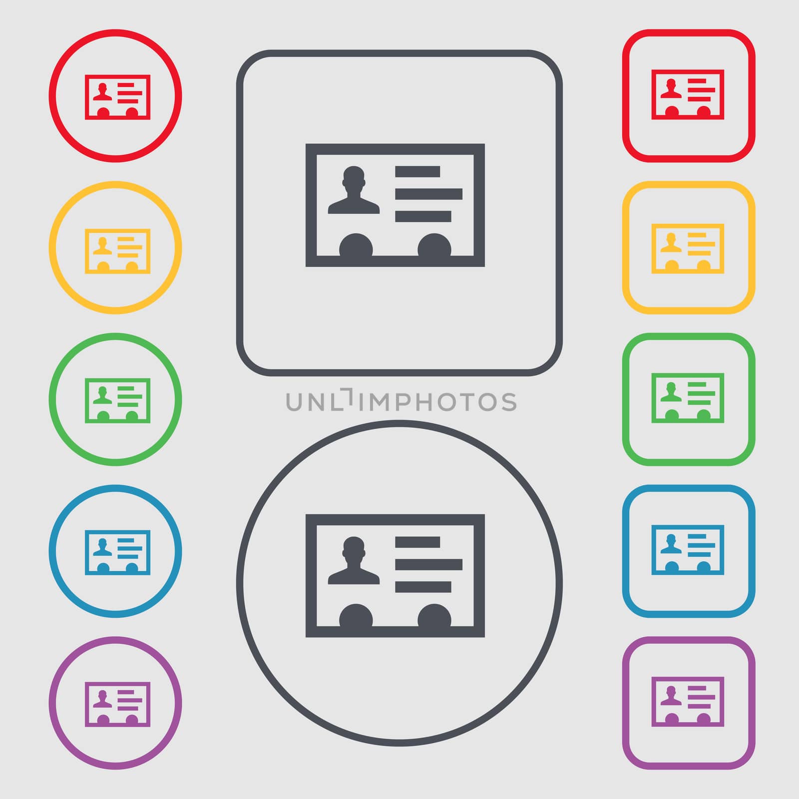 ID card, Identity card badge, cutaway, business card icon sign. symbol on the Round and square buttons with frame. illustration