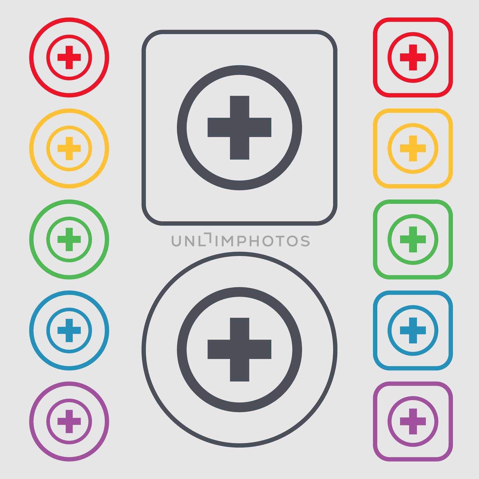 Plus, Positive, zoom icon sign. Symbols on the Round and square buttons with frame. illustration