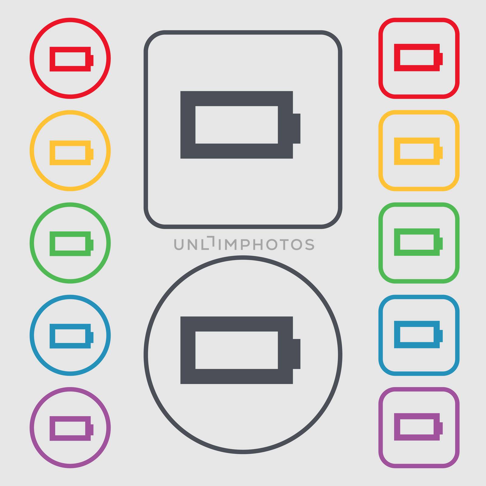 Battery empty icon sign. symbol on the Round and square buttons with frame. illustration